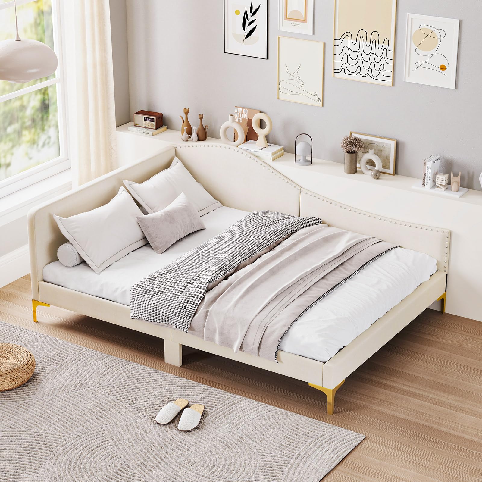 KOMFOTT Rivet-Tufted Platform Bed Frame with Headboard, Metal Legs & Wood Slats, L-Shaped Corner Sofa Bed