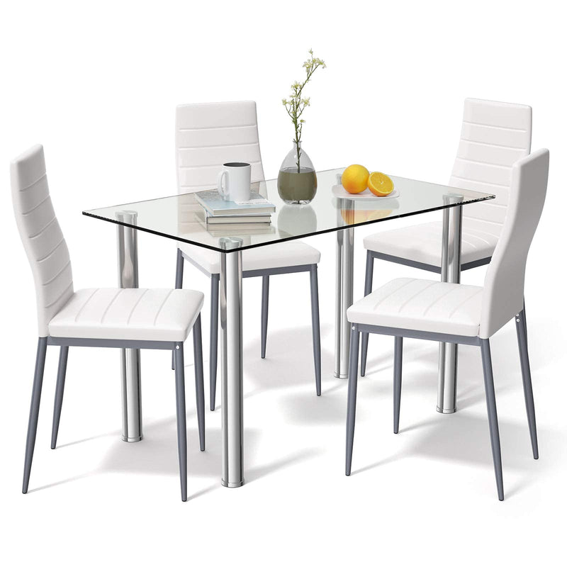 KOMFOTT 5 Piece Dining Table Sets, Modern Tempered Glass Top and PVC Leather Chair w/4 Chairs