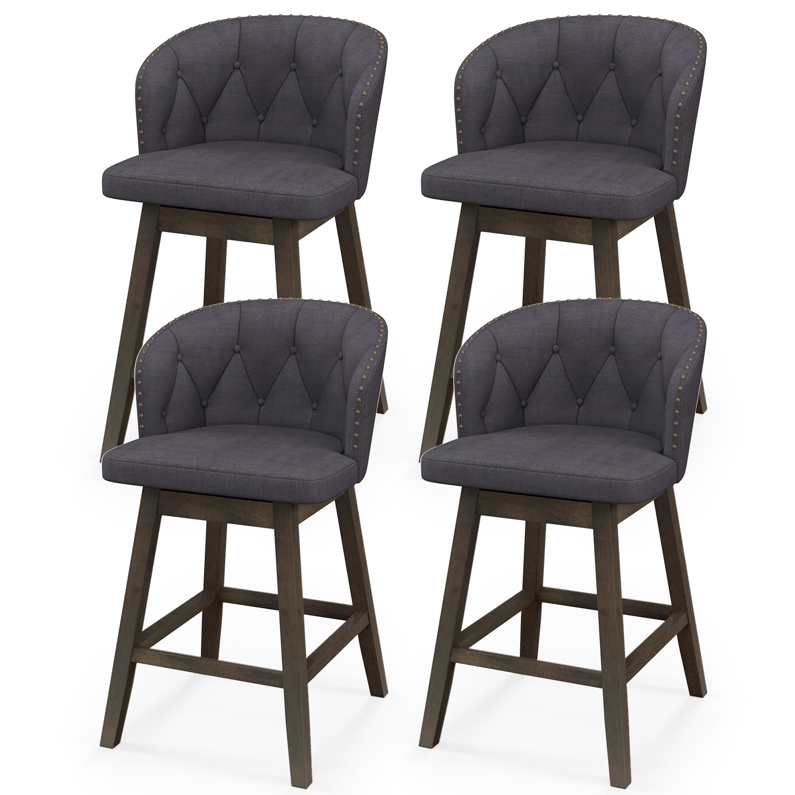 KOMFOTT Counter Height Bar Stools Set of 2/4, Fabric Upholstered Island Stools with 360° Swivel Seat & Button-Tufted Back