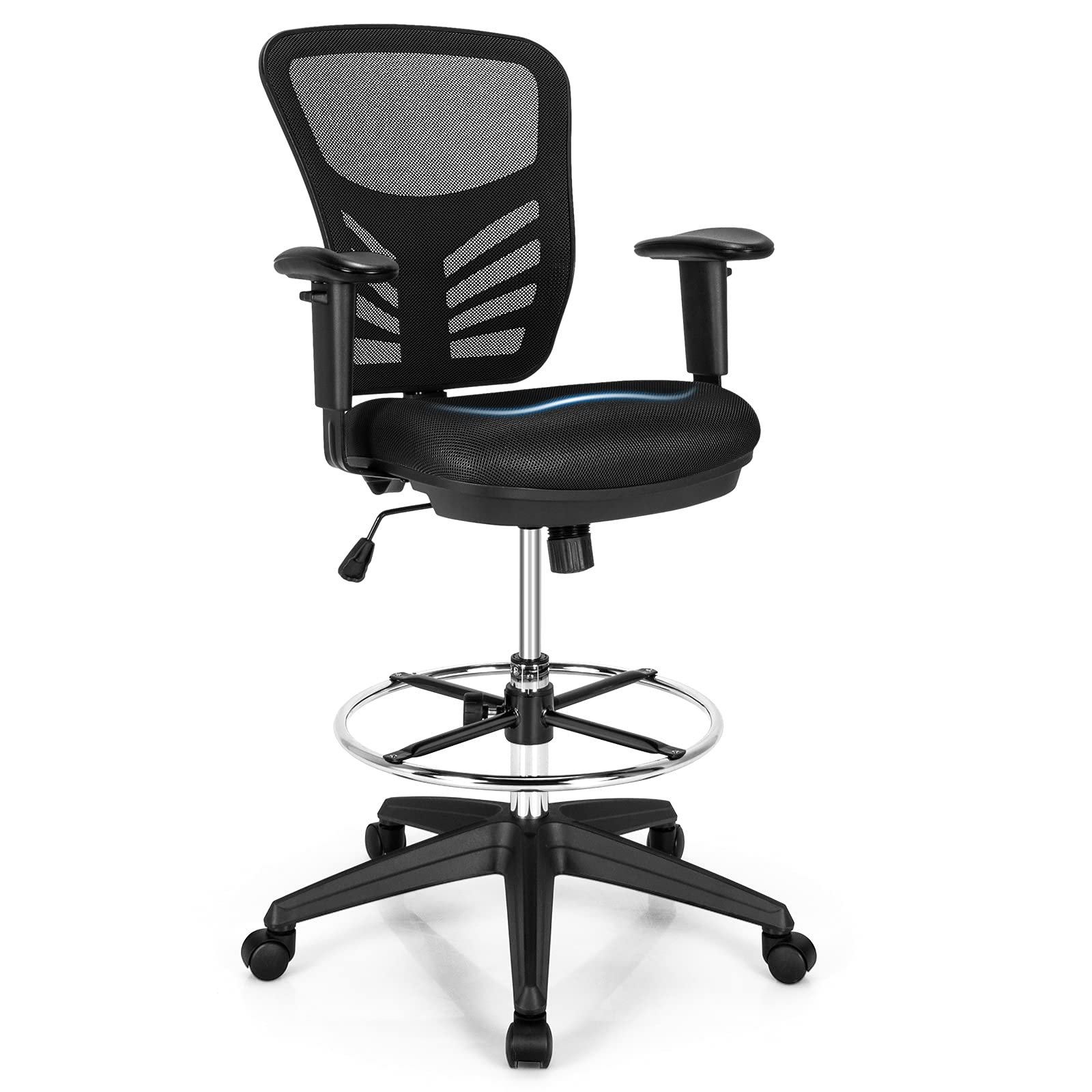 KOMFOTT Drafting Chair, Standing Desk Chair with Lumbar Support, Footrest Ring & Armrests