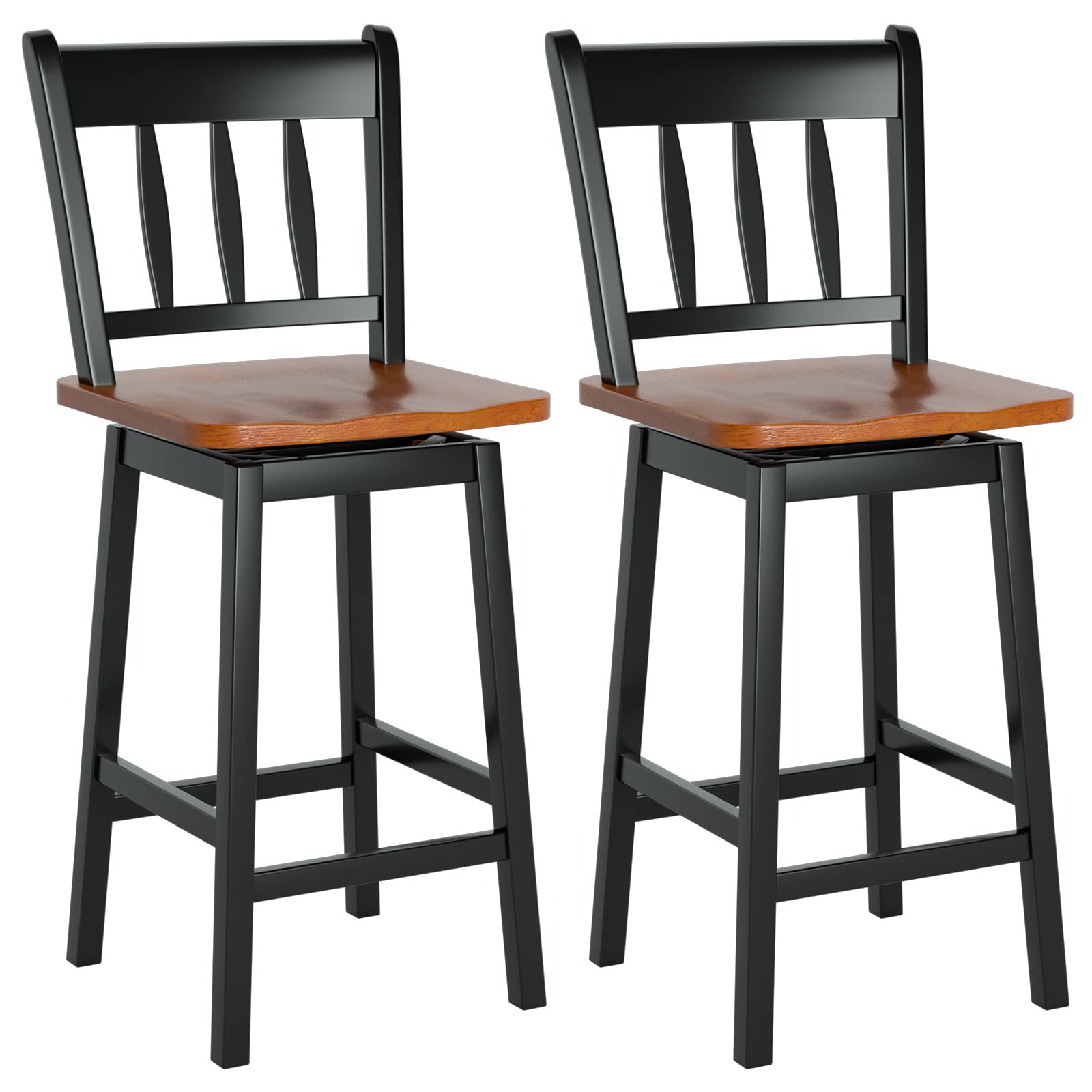 KOMFOTT Bar Stools Set of 2/4, 24.5 Inch Solid Rubber Wood Bar Chairs with 360 °Swiveling, Footrest