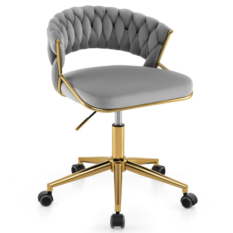 KOMFOTT Velvet Office Desk Chair, Upholstered Makeup Vanity Chair w/Woven Back & Gold Base