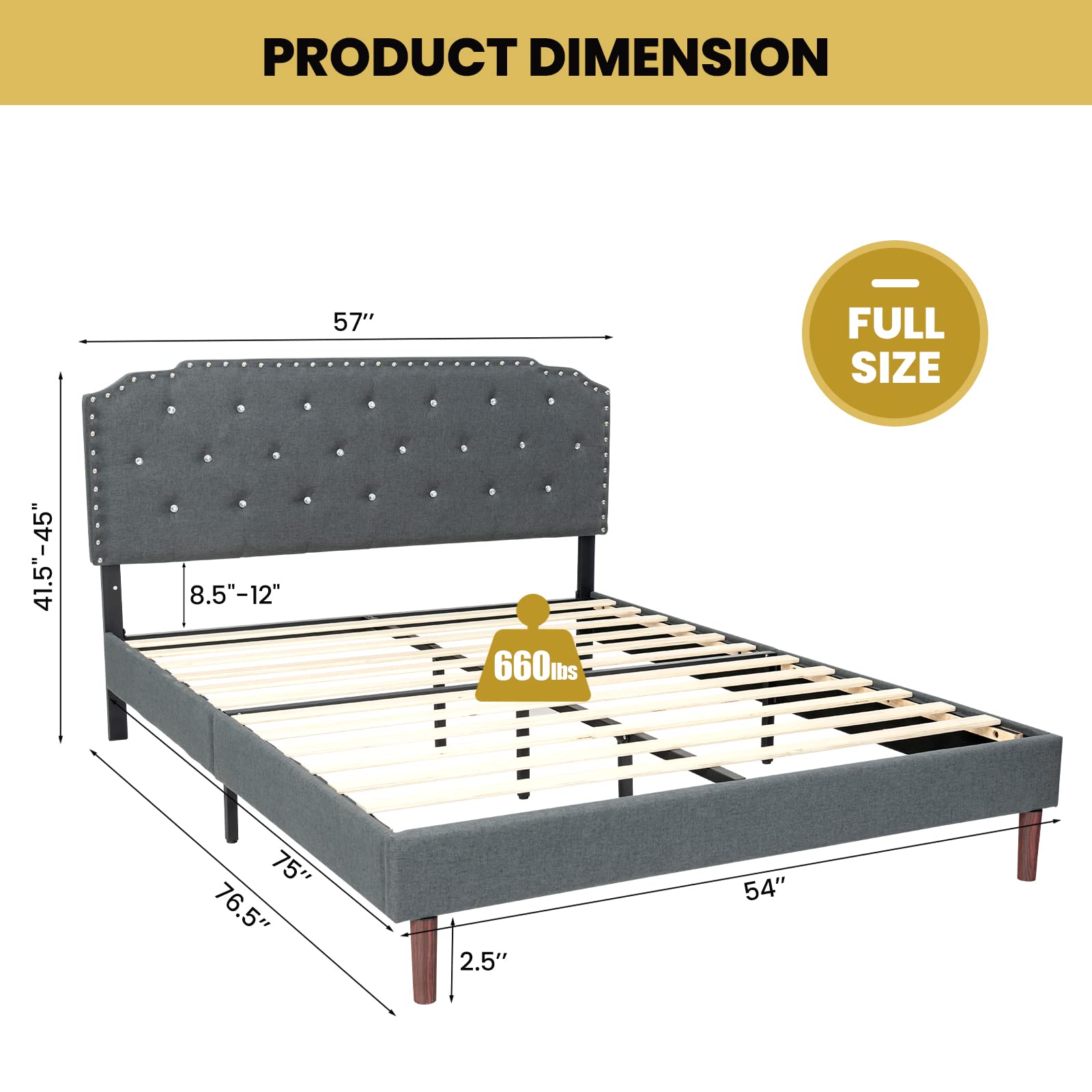 KOMFOTT Upholstered Bed Frame with Adjustable Diamond Button Headboard