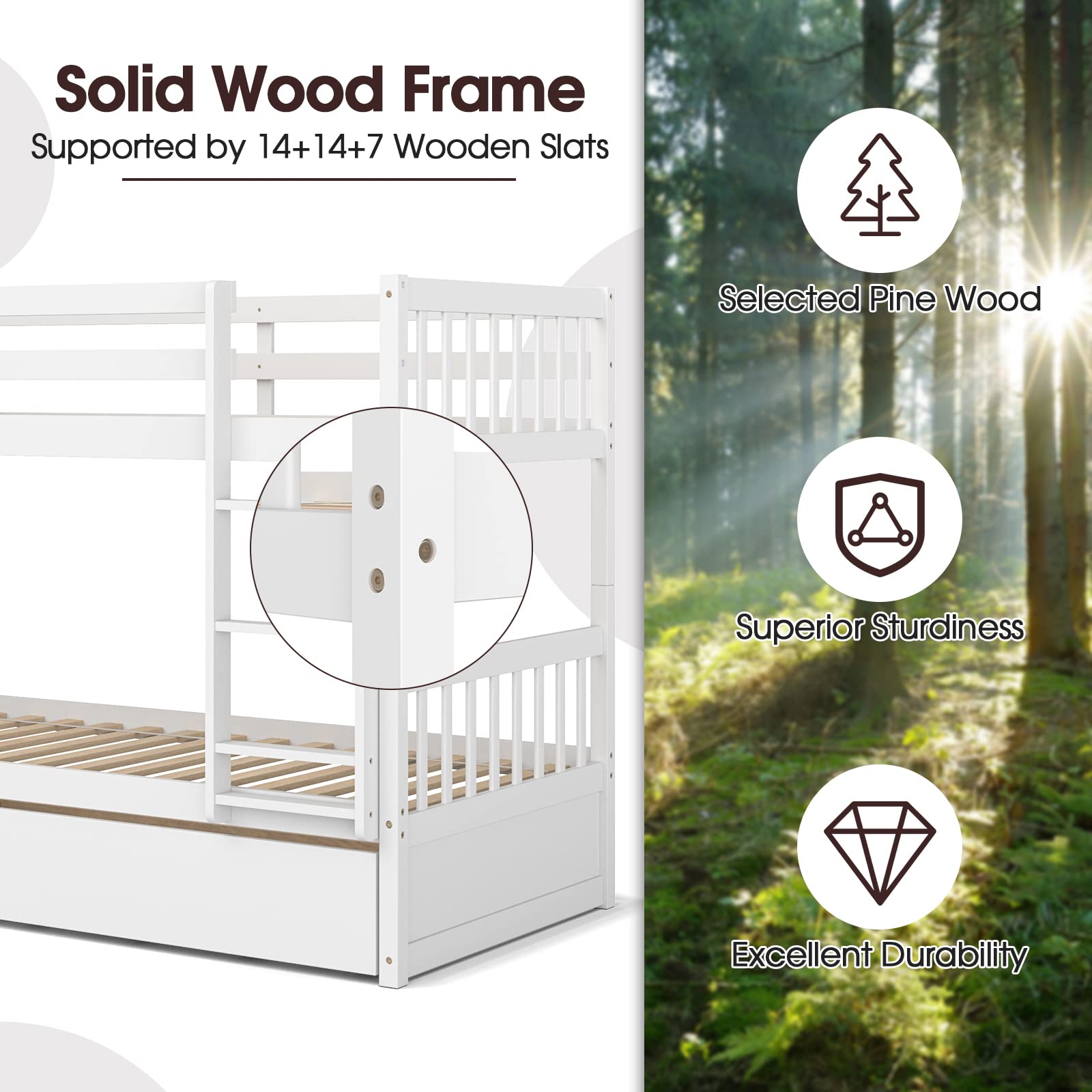 KOMFOTT Twin Over Twin Wood Bunk Bed with Trundle, Convertible Platform Bed Frame with Ladder & Solid Wood Frame