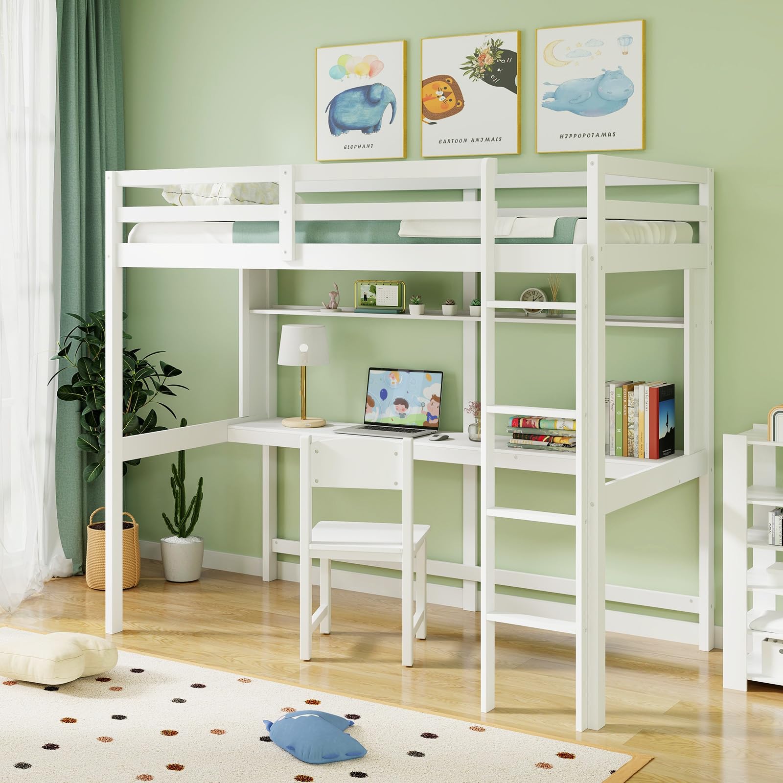 KOMFOTT Twin Size Loft Bed with Desk, Bookshelf, Full Length Safety Guardrail & Ladder