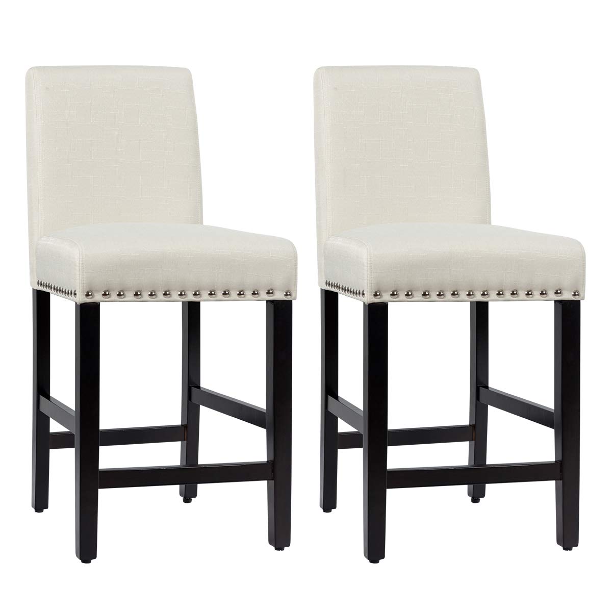 KOMFOTT Bar Stools Set of 2/4, 25'' Counter Height Upholstered Bar Chairs w/ Rubber Wood Legs, Breathable Linen Fabric, Padded Seat & Backrest