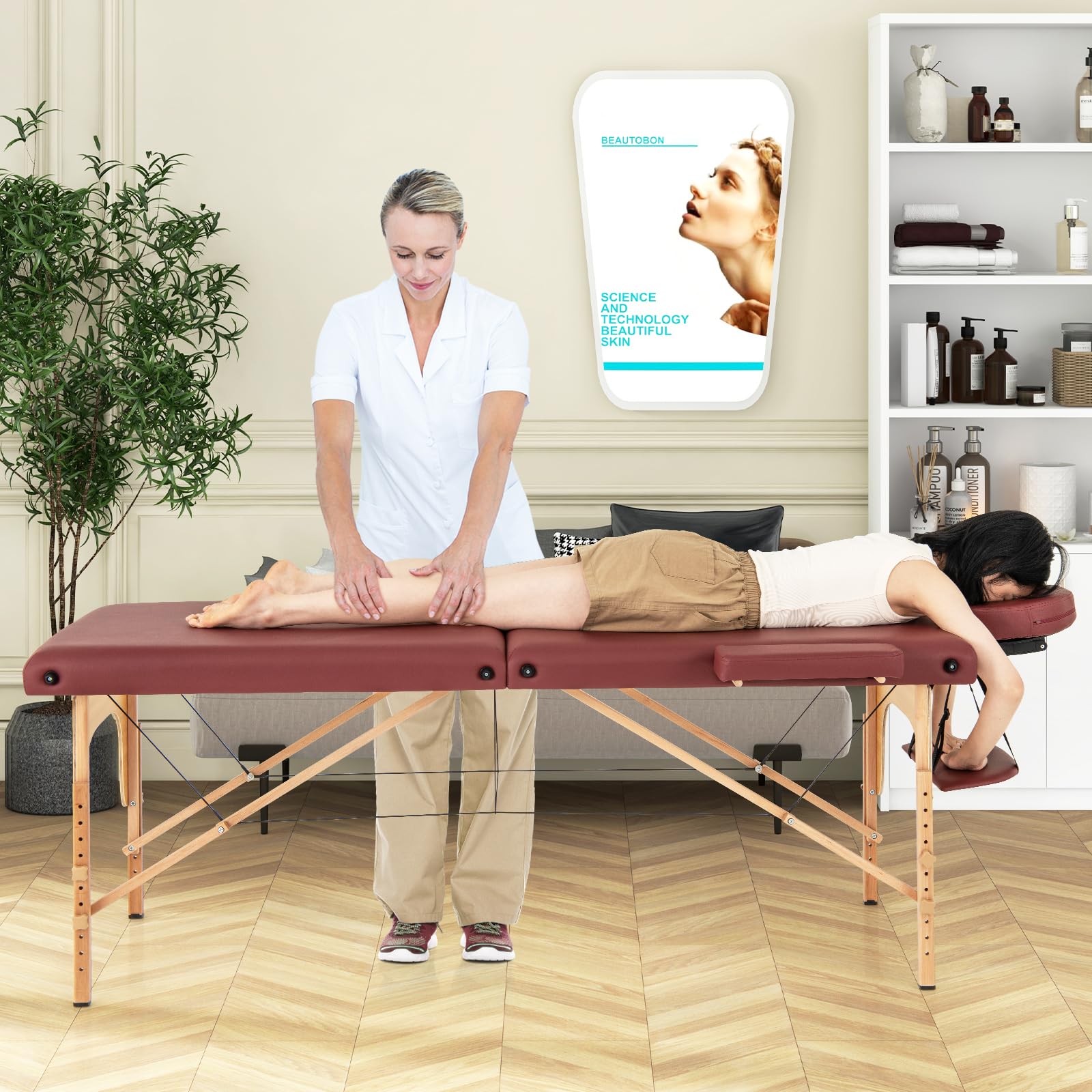 KOMFOTT Portable Massage Bed w/Carrying Case, 2-Section Salon Spa Facial Care Tattoo Bed, Height Adjustable