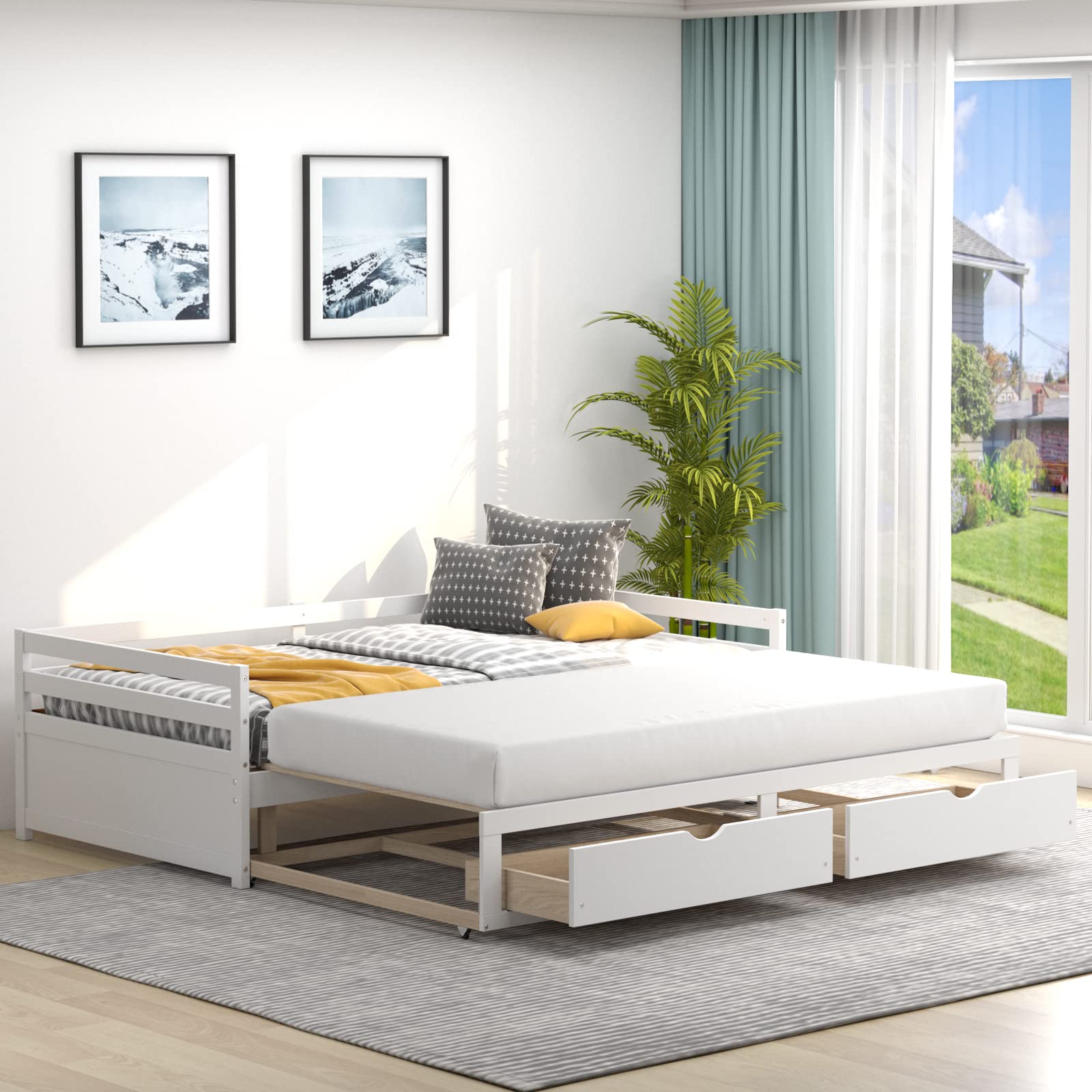 KOMFOTT Wood Daybed with Trundle, Extendable Twin to King Daybed Frame with 2 Storage Drawers