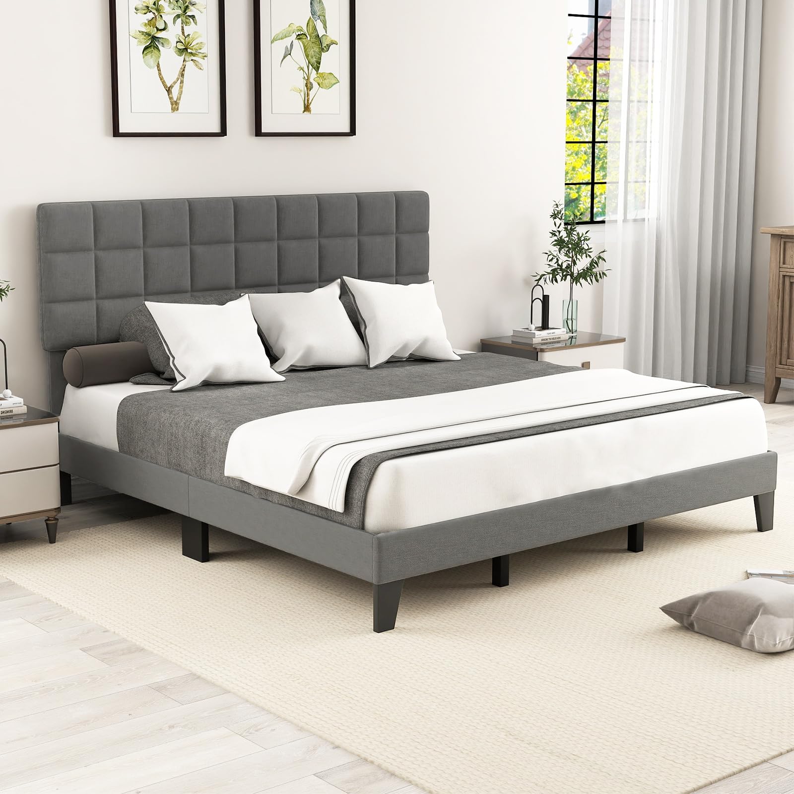 KOMFOTT Linen Fabric Upholstered Bed Frame with Adjustable Headboard & Wooden Slat Support