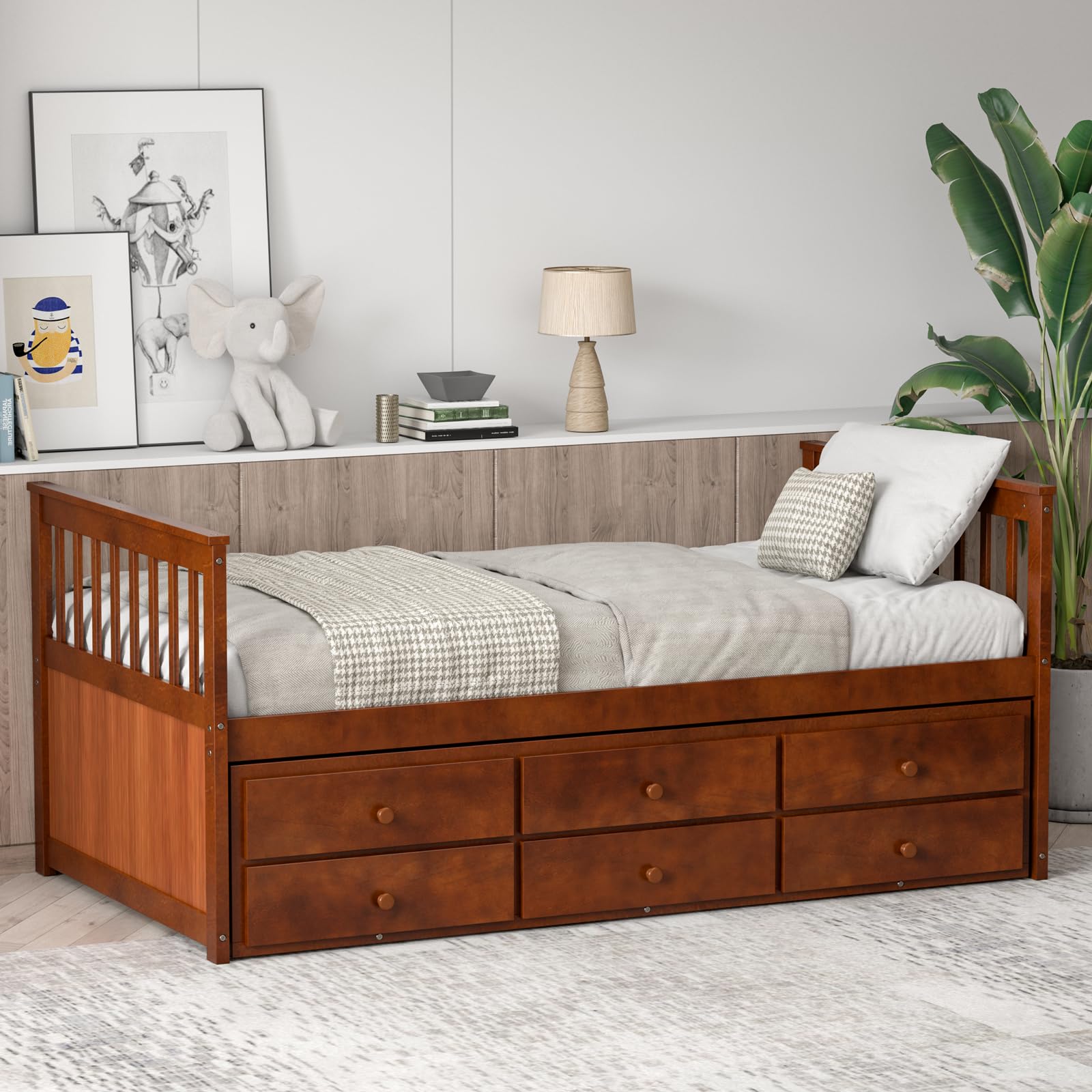 KOMFOTT Twin Size Wooden Captain Daybed with Drawers and Trundle Bed