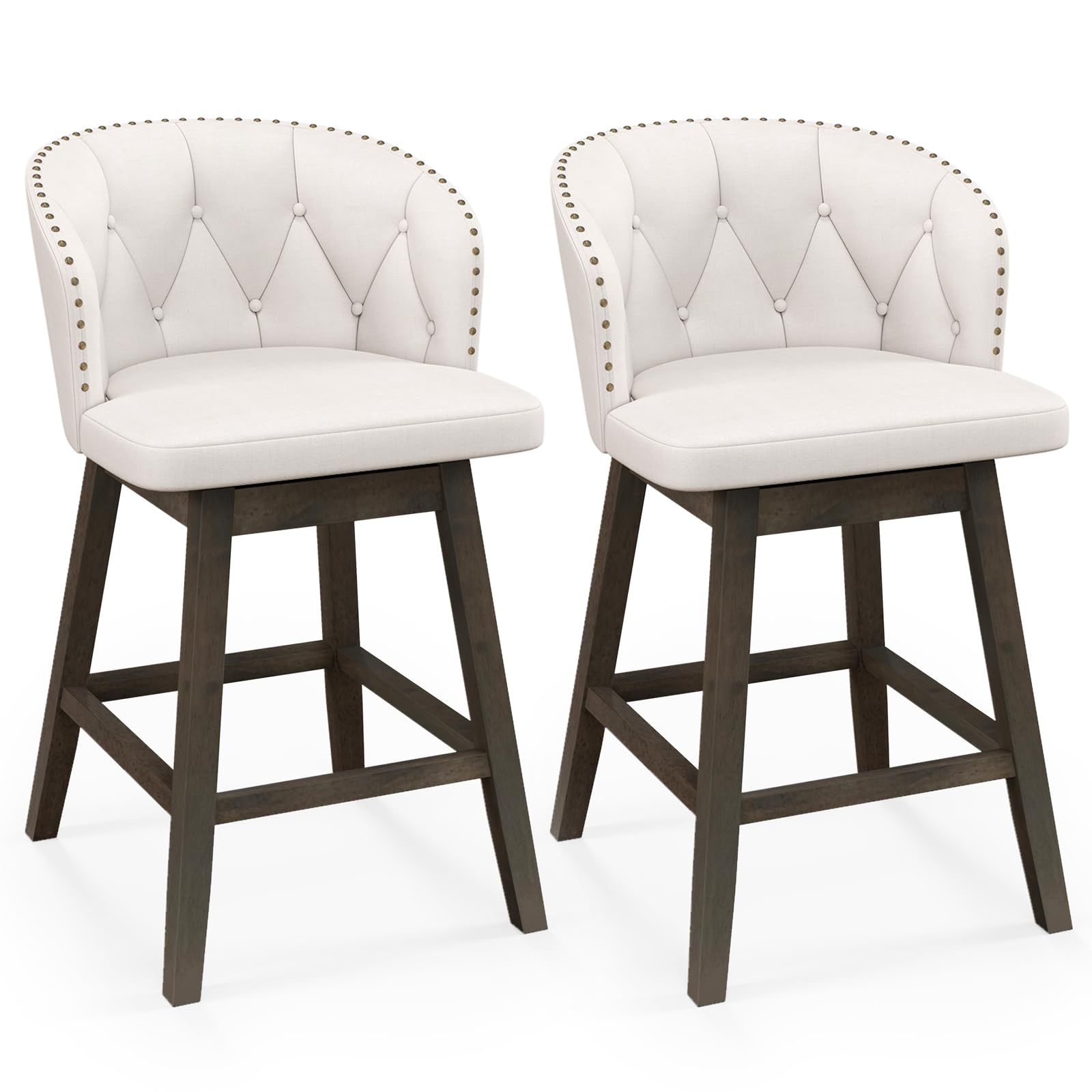 KOMFOTT Counter Height Bar Stools Set of 2/4, Fabric Upholstered Island Stools with 360° Swivel Seat & Button-Tufted Back