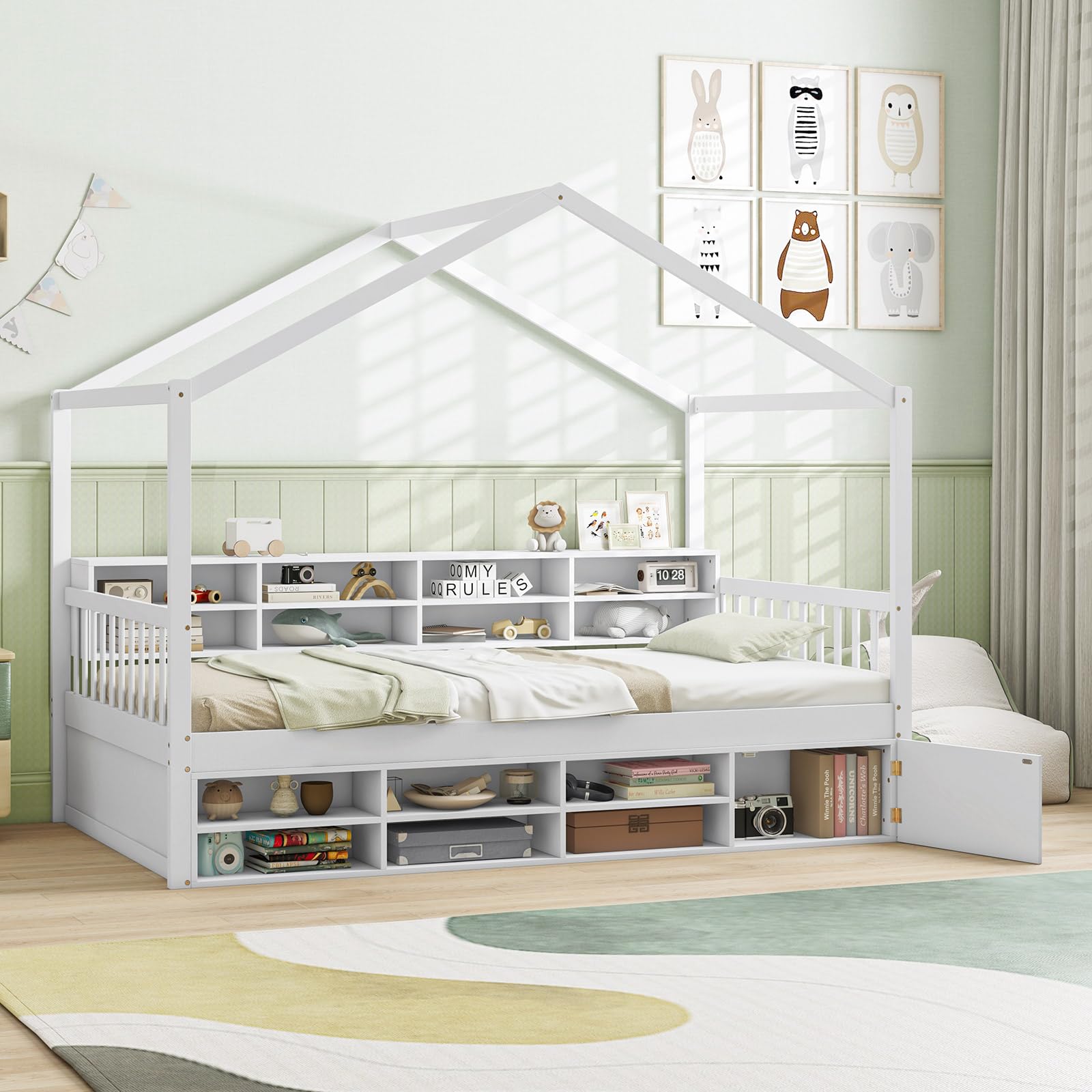 KOMFOTT Twin Size House Bed with Storage, Wooden Montessori House Bed with 14 Storage Cubes, Enclosed Cabinet, Wood Slats & Fencing