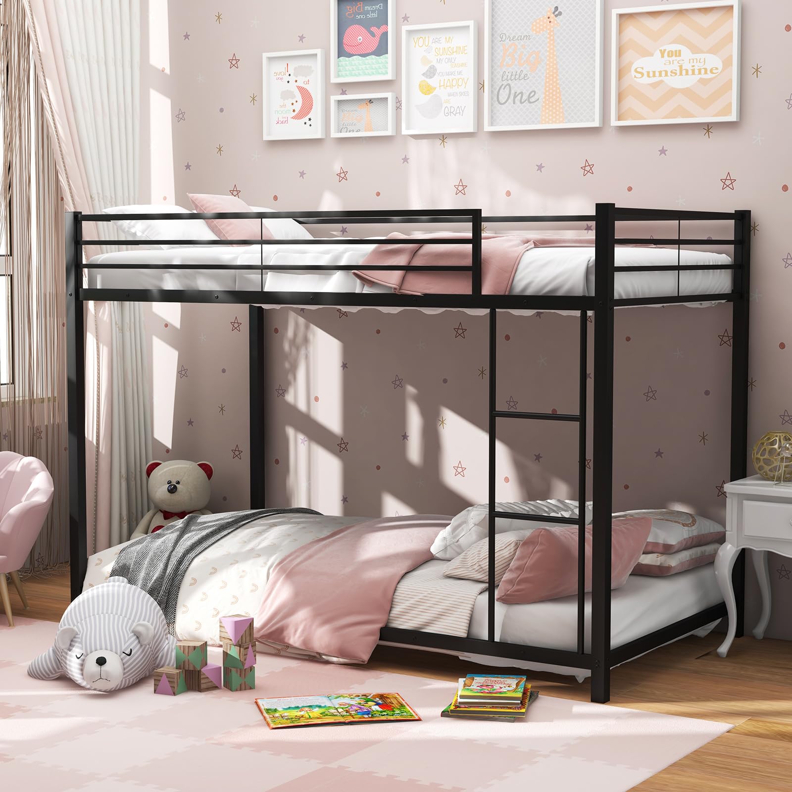 KOMFOTT Metal Bunk Bed Twin Over Twin, Classic Bunk Bed Frame with Safety Guard Rails & Side Ladder