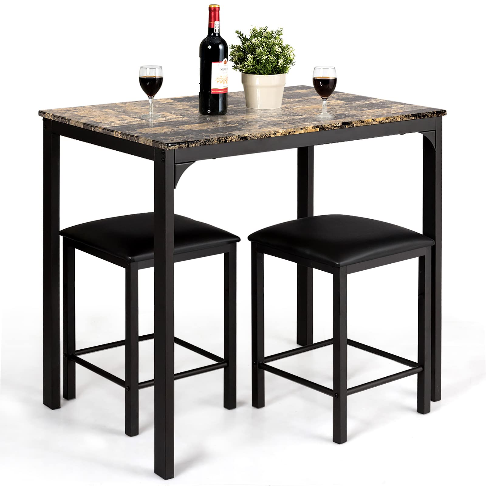 KOMFOTT 3 Piece Dining Table and Chairs Set with Faux Marble Tabletop 2 Chairs