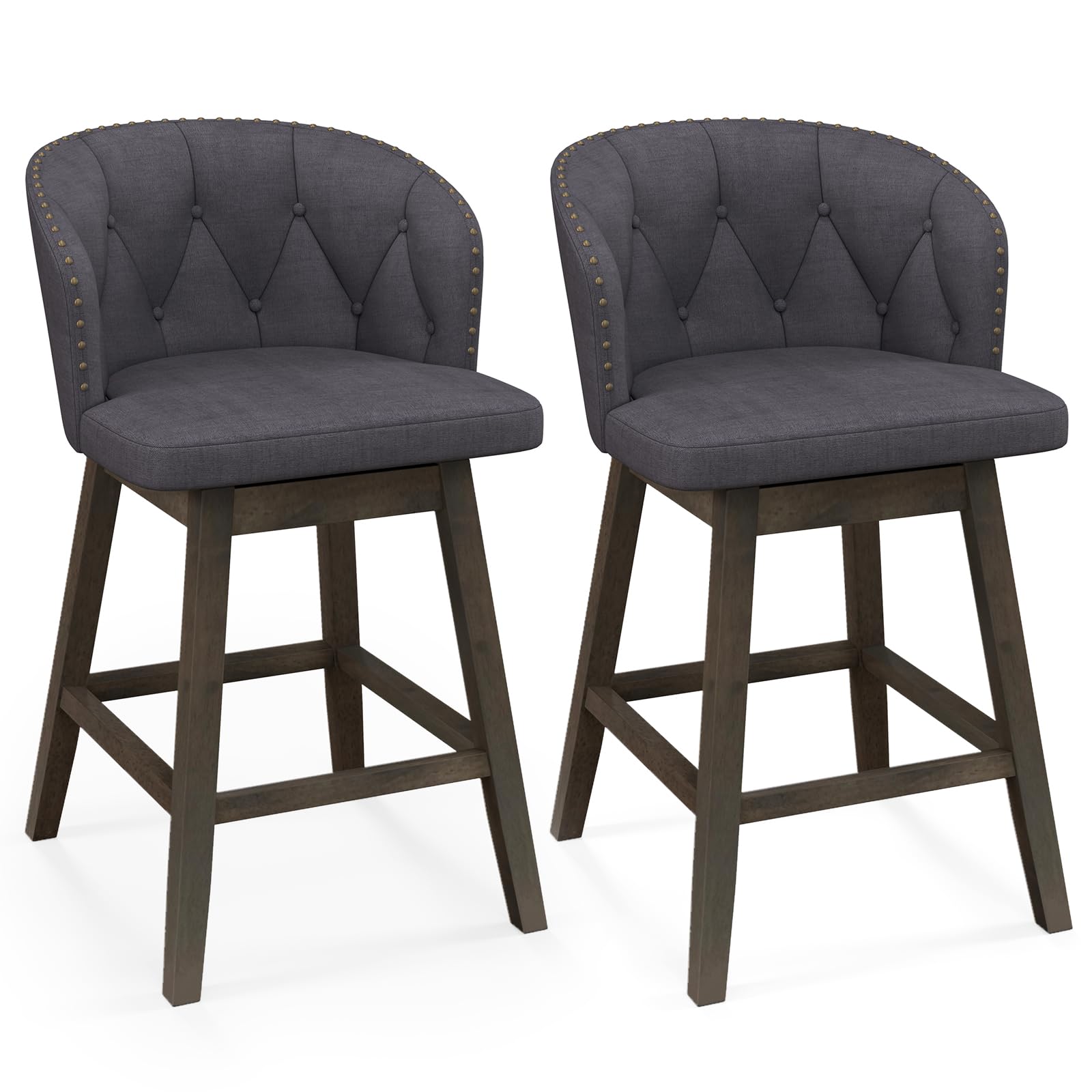 KOMFOTT Counter Height Bar Stools Set of 2/4, Fabric Upholstered Island Stools with 360° Swivel Seat & Button-Tufted Back