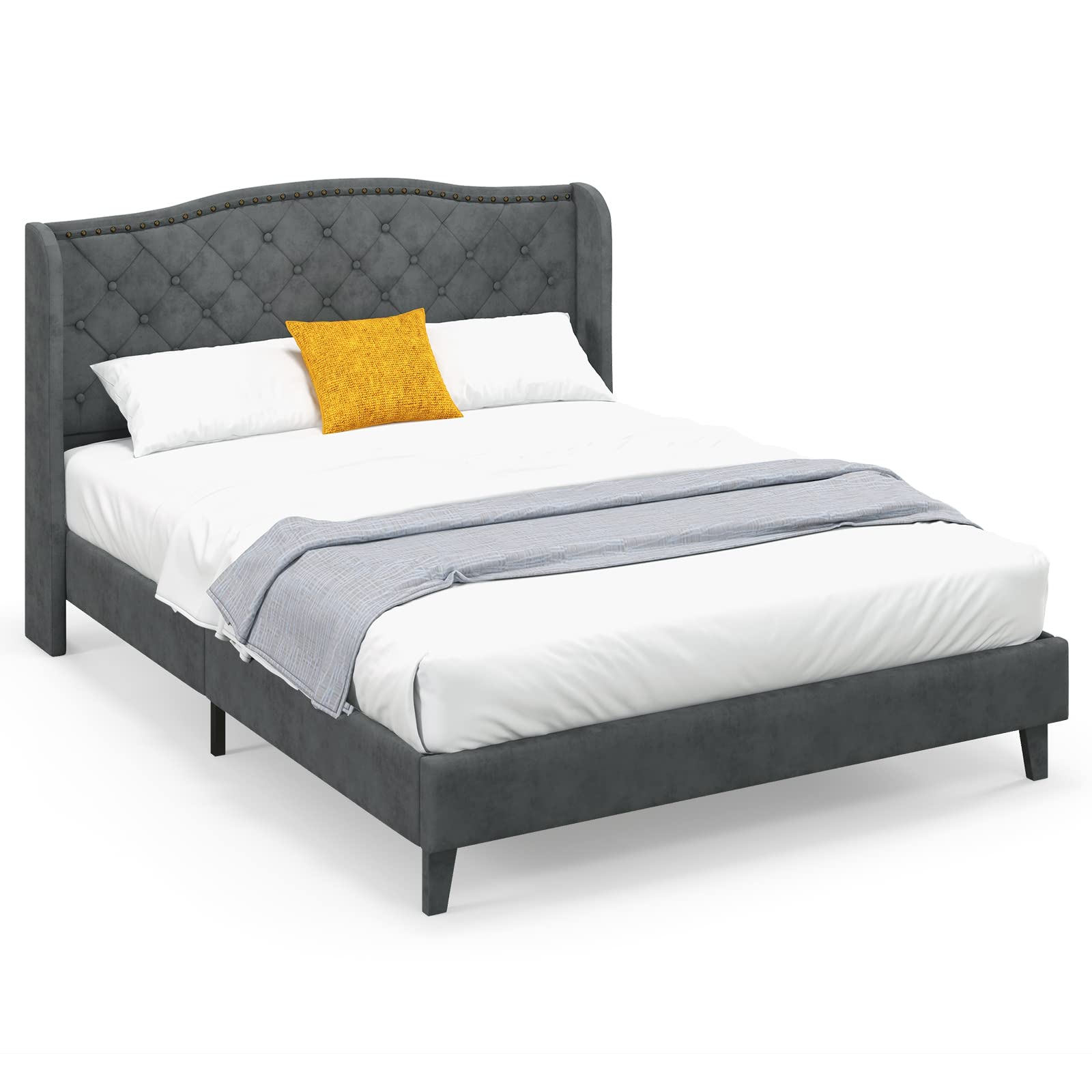 KOMFOTT Full/Queen Size Velvet Upholstered Platform Bed Frame with Button Tufted Headboard