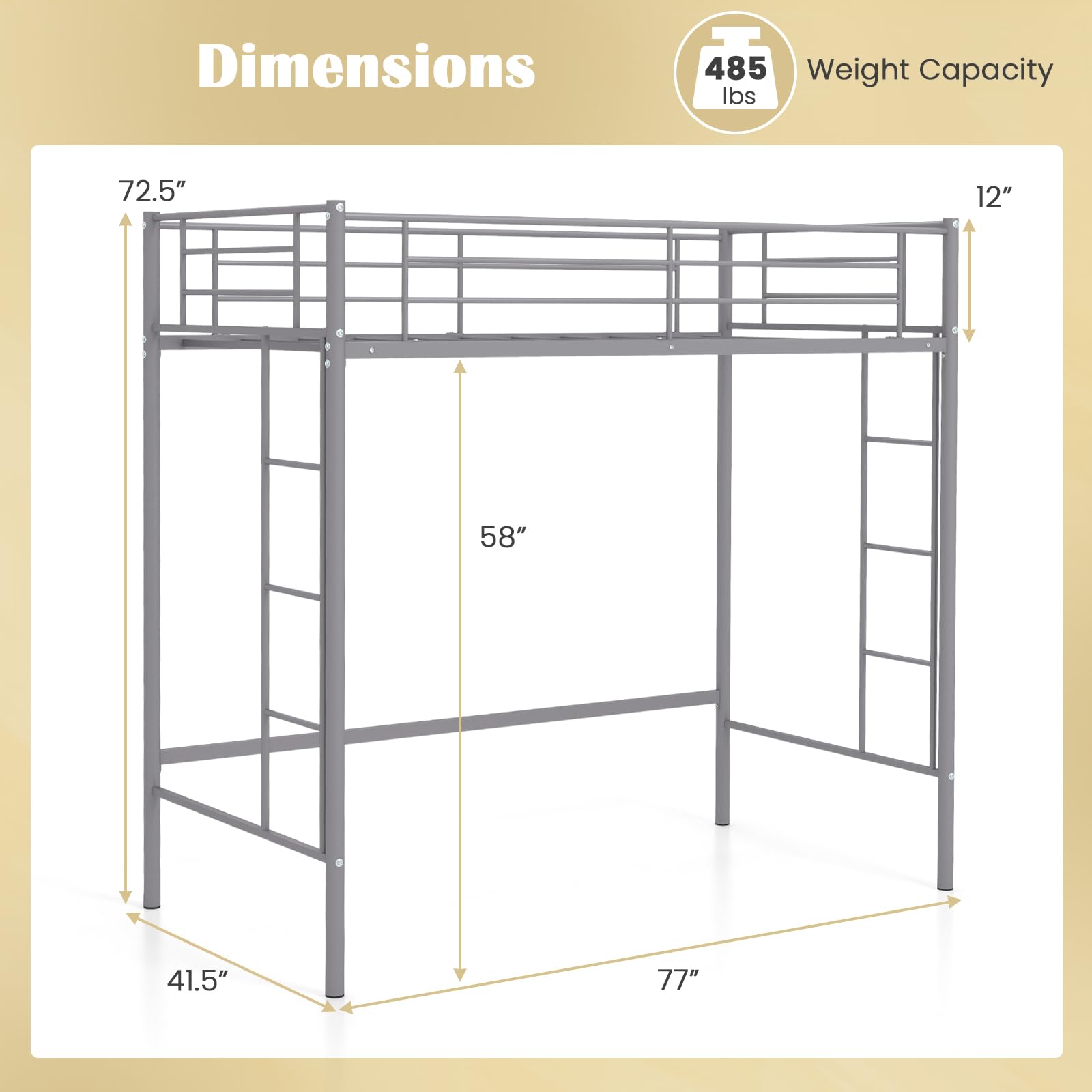 KOMFOTT Twin Size Metal Loft Bed Frame with Both Side Ladders & Safety Guardrails