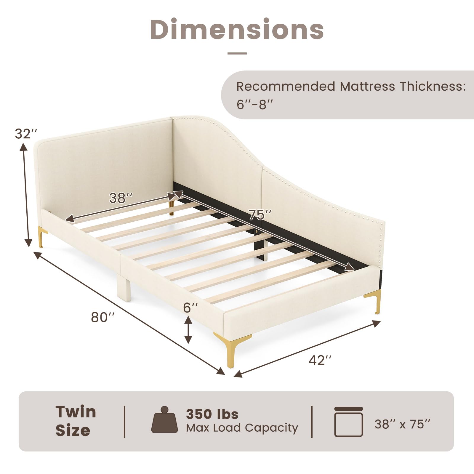 KOMFOTT Rivet-Tufted Platform Bed Frame with Headboard, Metal Legs & Wood Slats, L-Shaped Corner Sofa Bed