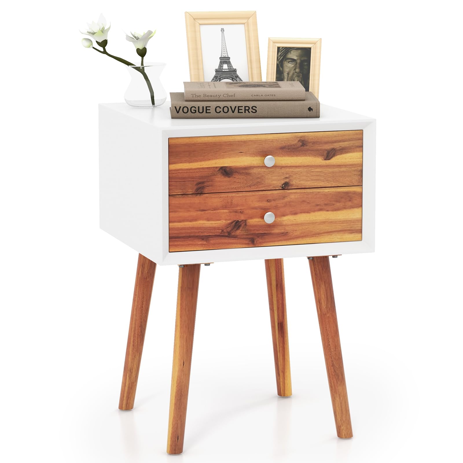 KOMFOTT 2-Drawer Nightstand, Mid-Century Modern Bed Side Table with Storage