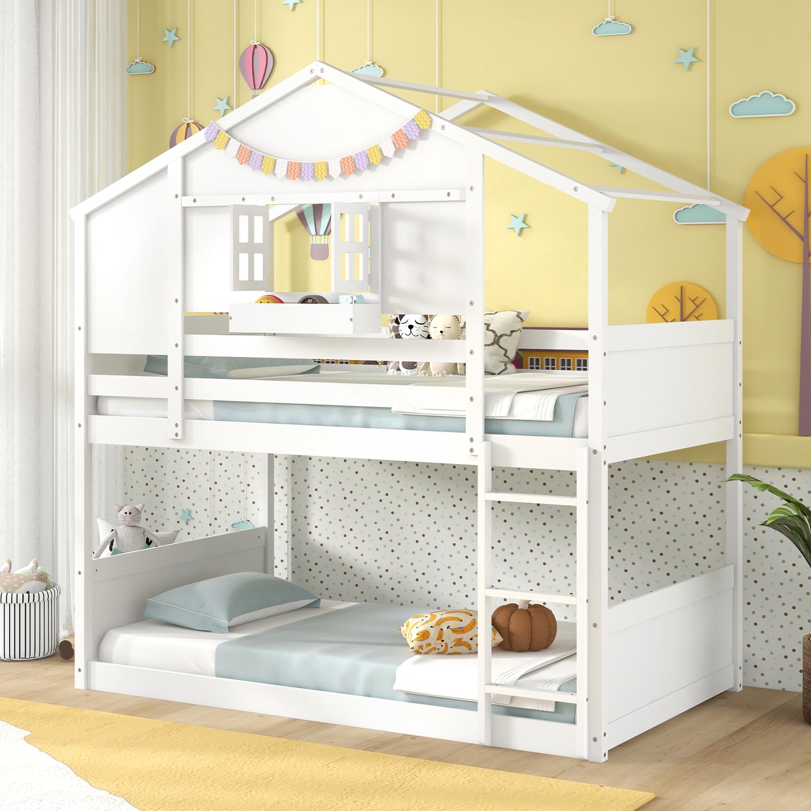 KOMFOTT Twin Over Twin Wood House Bed for Kids with Roof, Window Door, Storage Box, Safety Guardrails, Wood Slats & Ladder