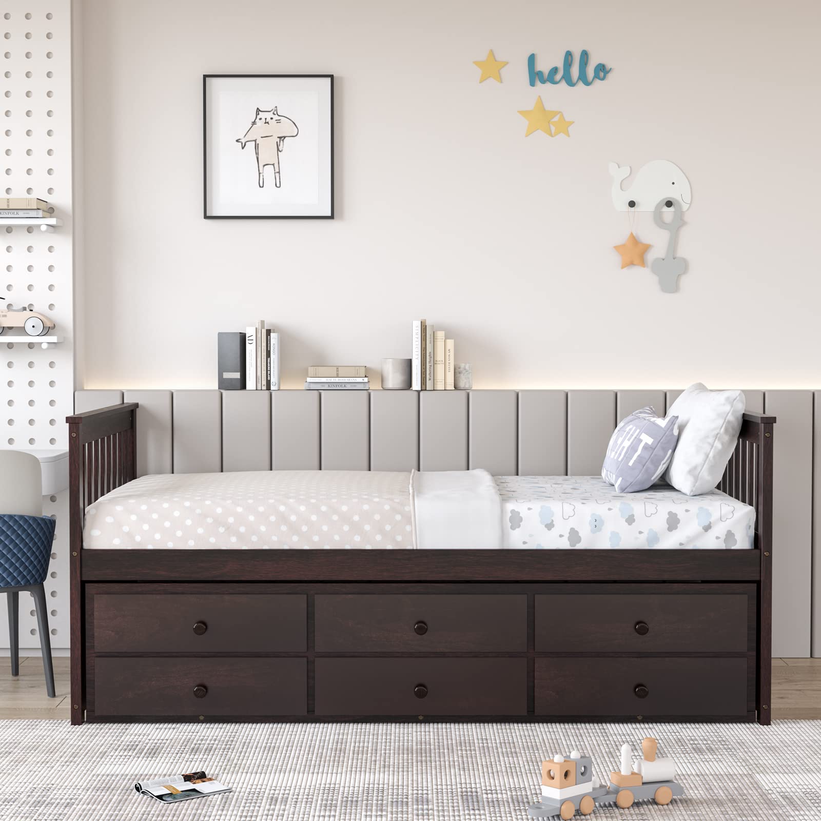 KOMFOTT Twin Size Wooden Captain Daybed with Drawers and Trundle Bed