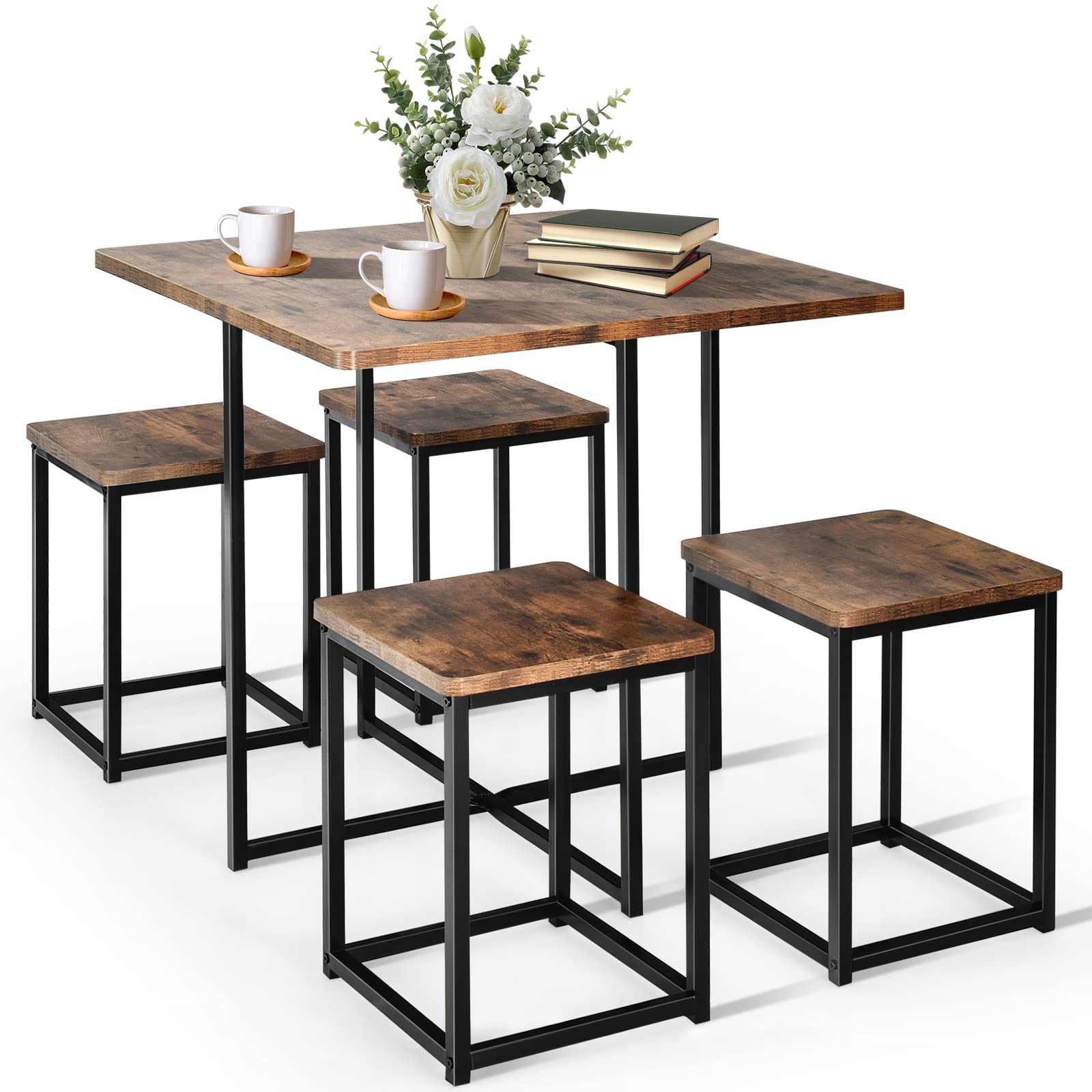 KOMFOTT 5 Piece Dining Table Set, Counter Kitchen Table and Chair Set for 4 Includes 1 Square Table and 4 Stools