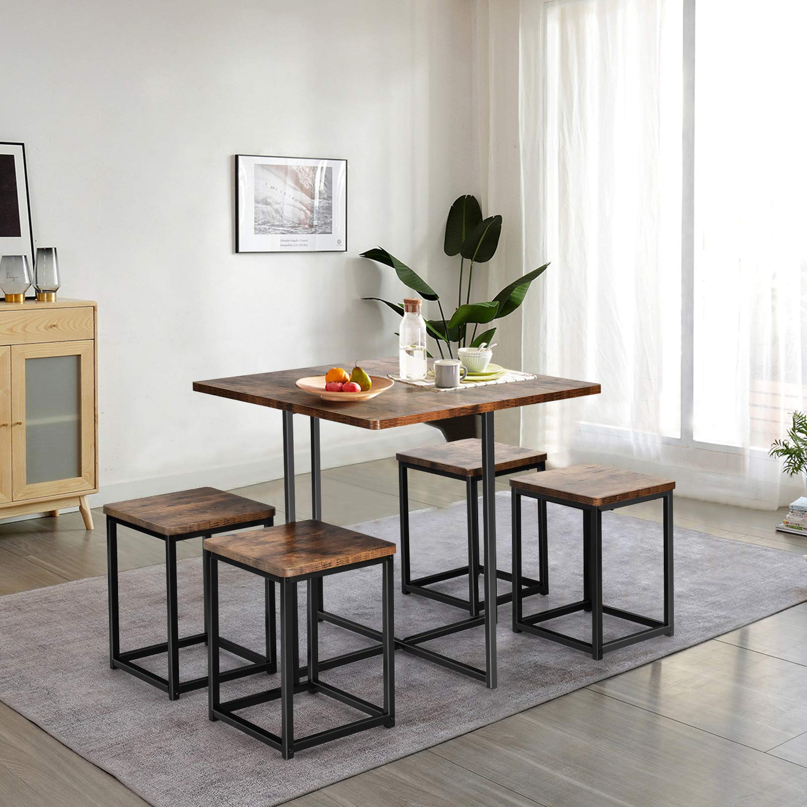 KOMFOTT 5 Piece Dining Table Set, Counter Kitchen Table and Chair Set for 4 Includes 1 Square Table and 4 Stools