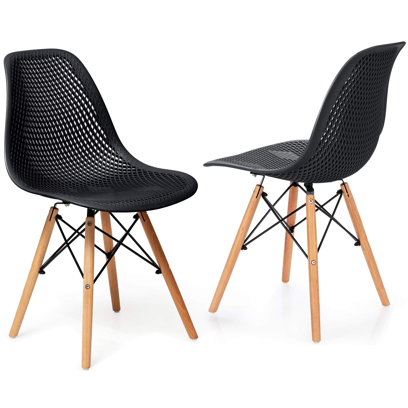 KOMFOTT Set of 2/4 Modern Dining Chairs, Outdoor Indoor Shell PP Lounge Side Chairs with Mesh Design, Beech Wood Legs