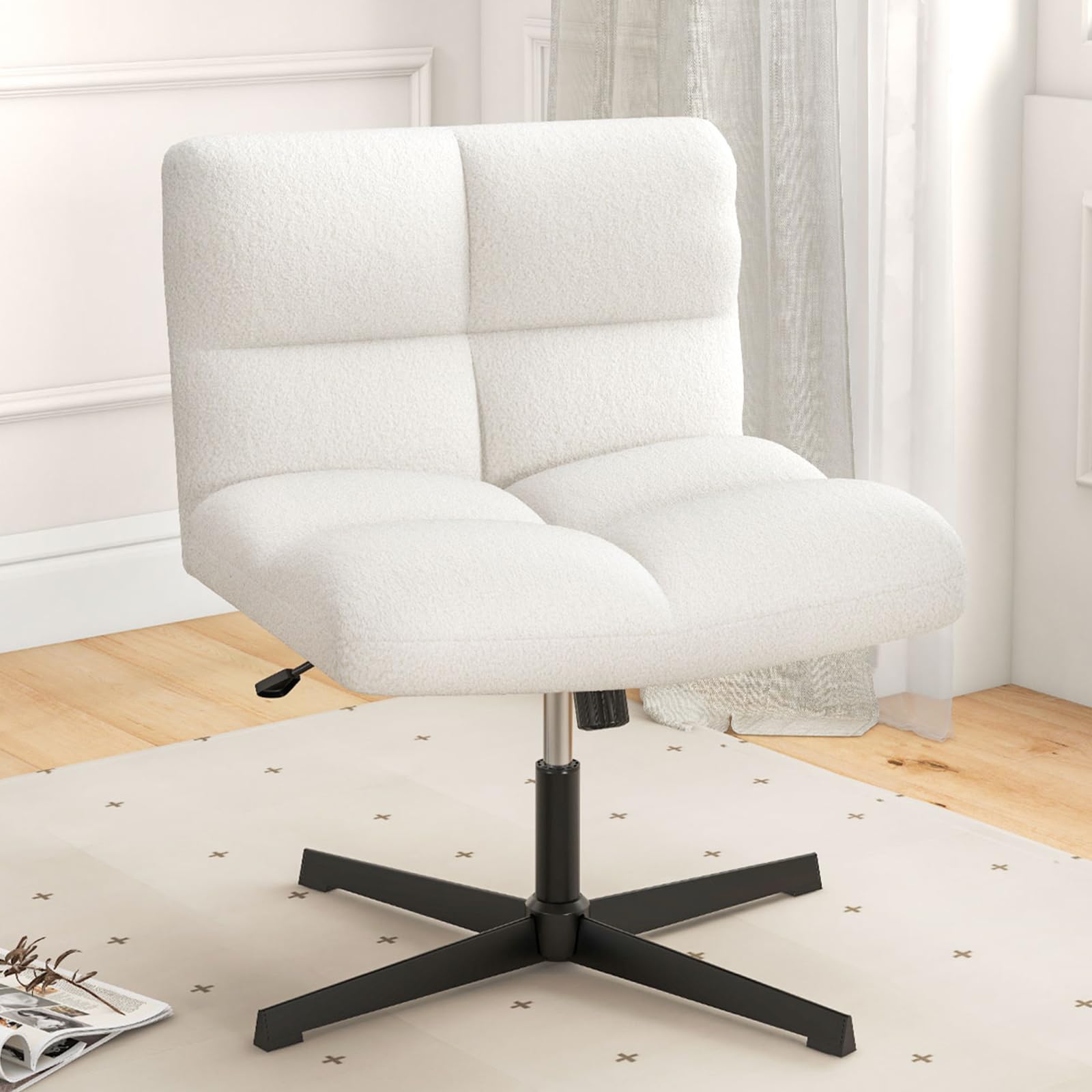 KOMFOTT Criss Cross Chair, Faux Fur Armless Cross Legged Office Desk Chair, Height Adjustable Computer Swivel Task Chair