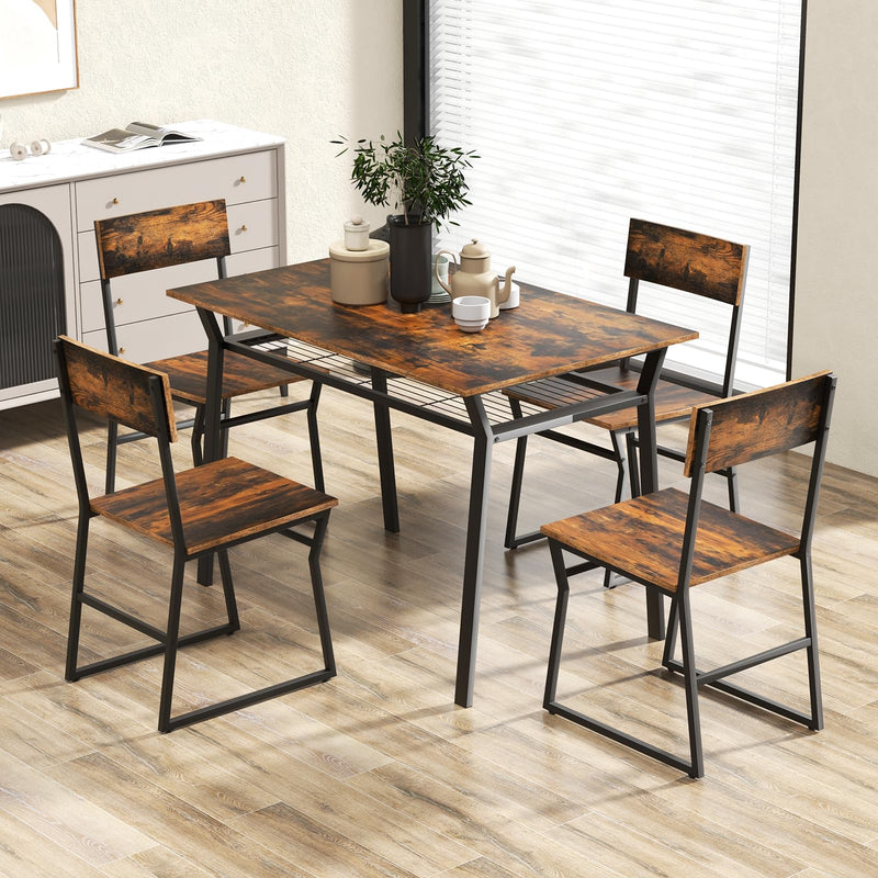 KOMFOTT Dining Table Set for 4, 47”L x 28”W Rectangular Kitchen Table w/ 4 Trapezoid Chairs, Reinforced Metal Frame & Storage Rack