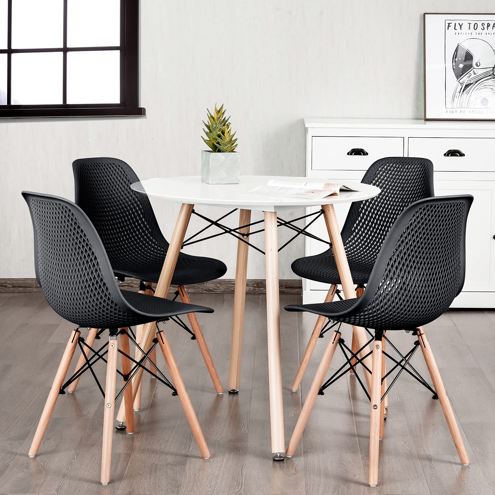 KOMFOTT Set of 4 Modern Dining Chairs, Outdoor Indoor Shell PP Lounge Side Chairs with Mesh Design, Beech Wood Legs