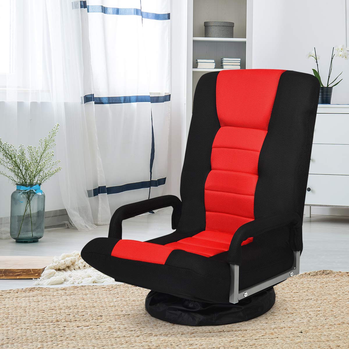 KOMFOTT 360-Degree Foldable Swivel Gaming Floor Chair With 6 Adjustable Position, Armrests, Padded Backrest