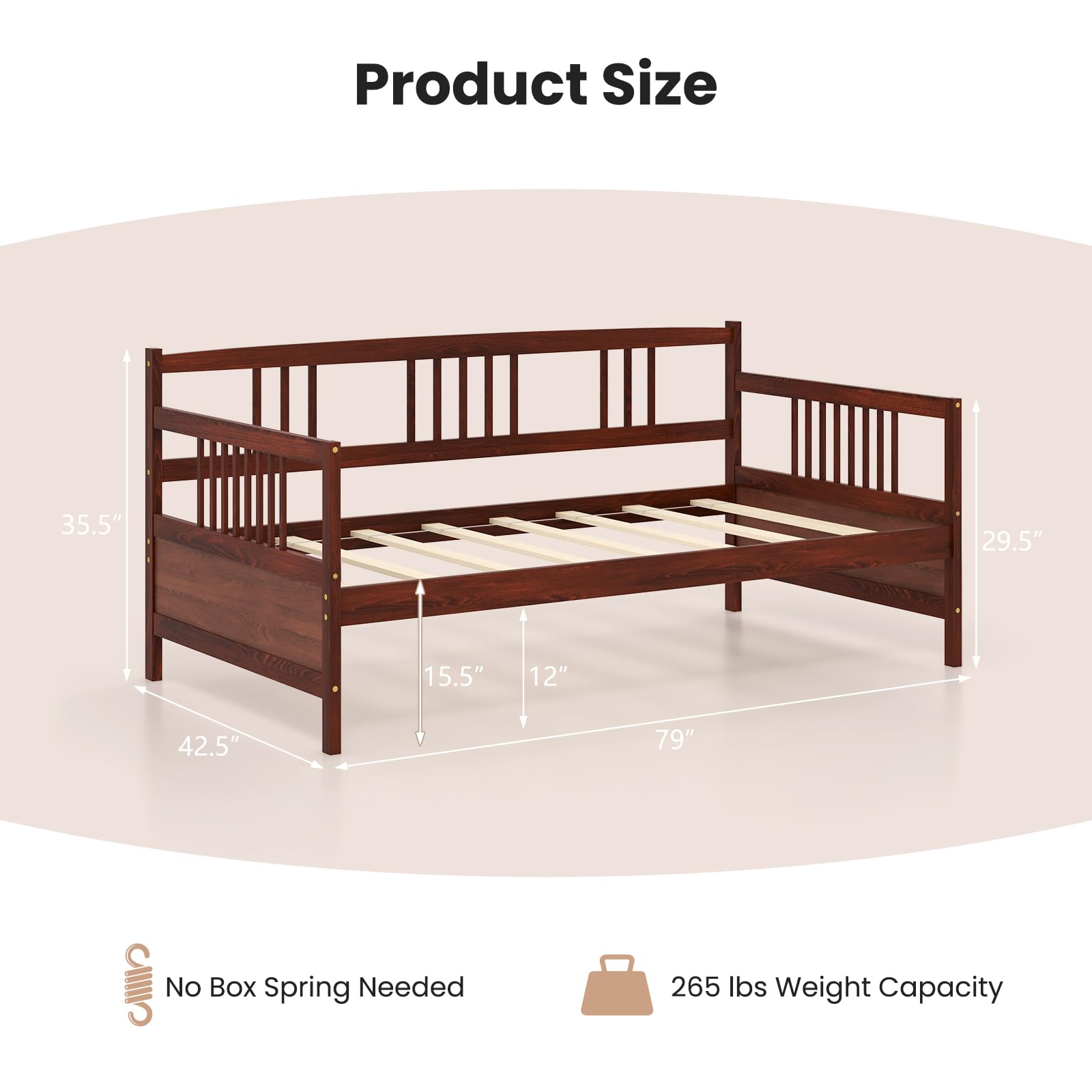 KOMFOTT Twin Size Wood Daybed with Rails & Wood Slat Support