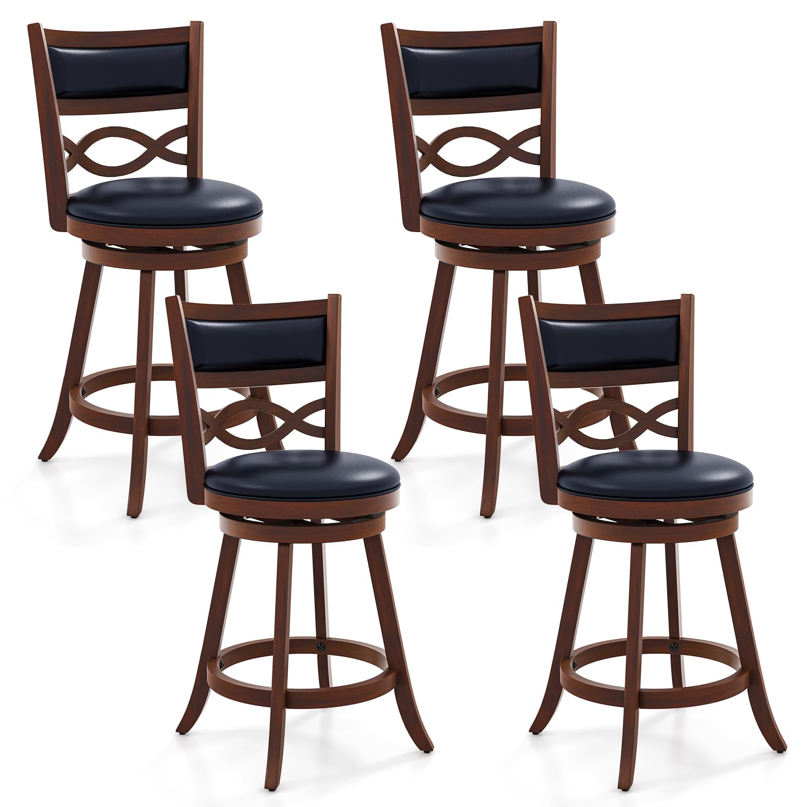 KOMFOTT Bar Stools Set of 2/4, 24.5” Counter Height Stools with Rubber Wood Frame, Faux Leather Upholstered Seat and Backrest