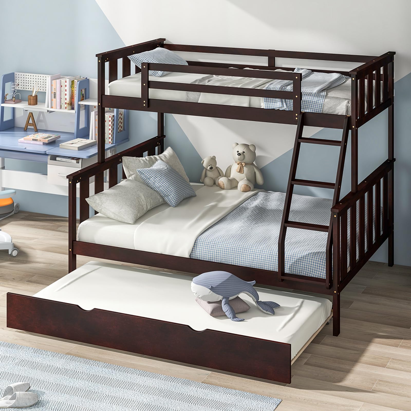 KOMFOTT Convertible 3-in-1 Twin Over Full Bunk Bed with Trundle