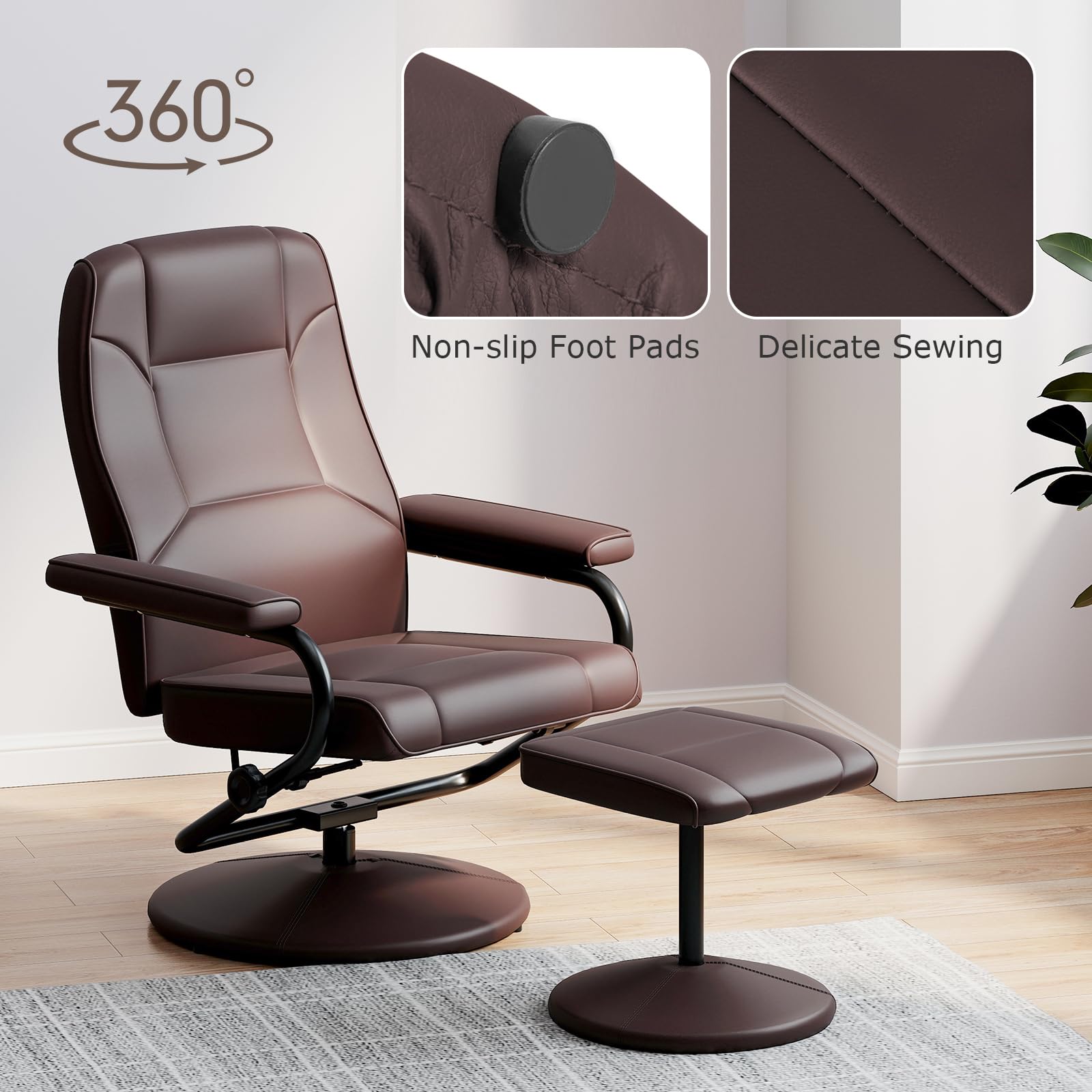 KOMFOTT Recliner Chair with Ottoman, 360° Swivel Faux Leather Reclining Chair w/Adjustable Backrest, Footrest