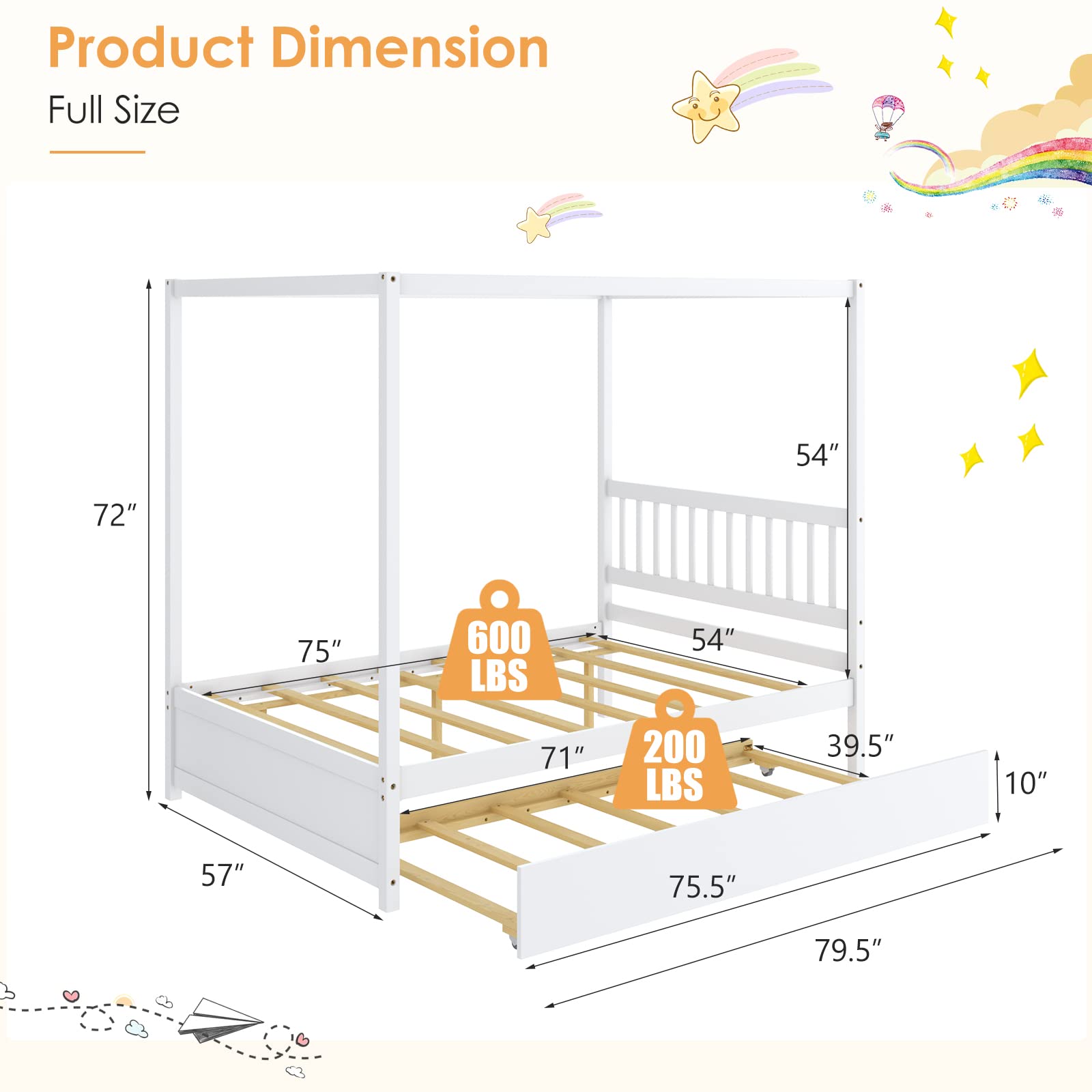 KOMFOTT Wood Canopy Bunk Bed with Trundle, Full Size Solid Wood Platform Bed with Headboard