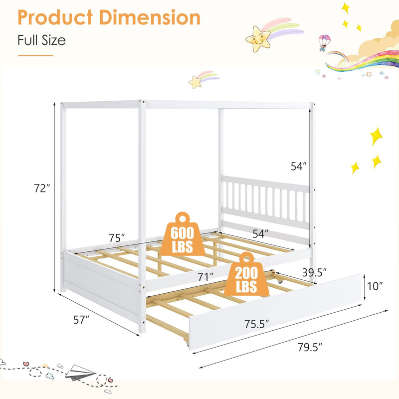 KOMFOTT Wood Canopy Bed with Trundle, Full Size Kids Solid Wood Platform Bed Frame with Headboard