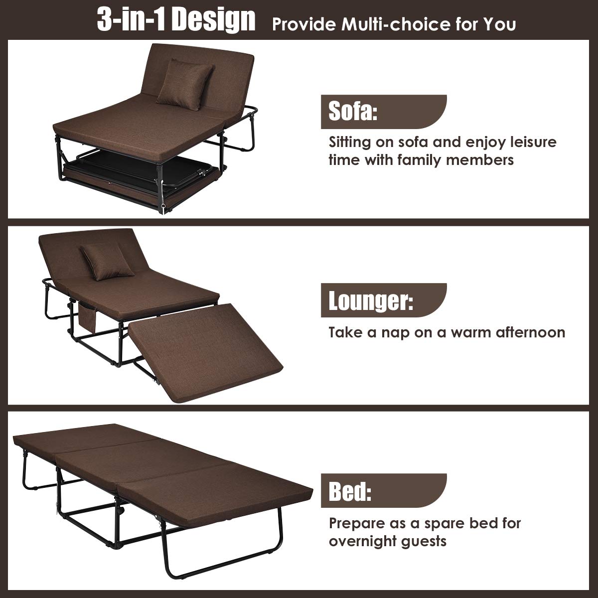 KOMFOTT Folding Bed, 3 in 1 Convertible Sleeper Bed with Mattress, Adjustable with 6 Positions