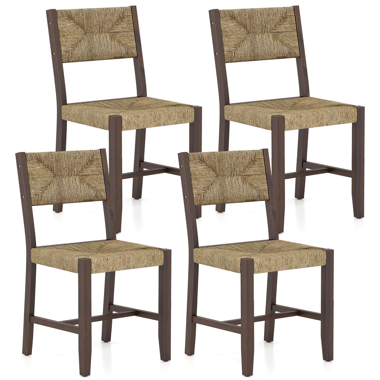 KOMFOTT Rattan Dining Chairs Set of 4, Farmhouse Cane Side Chairs w/Woven Seaweed Backrest & Seat