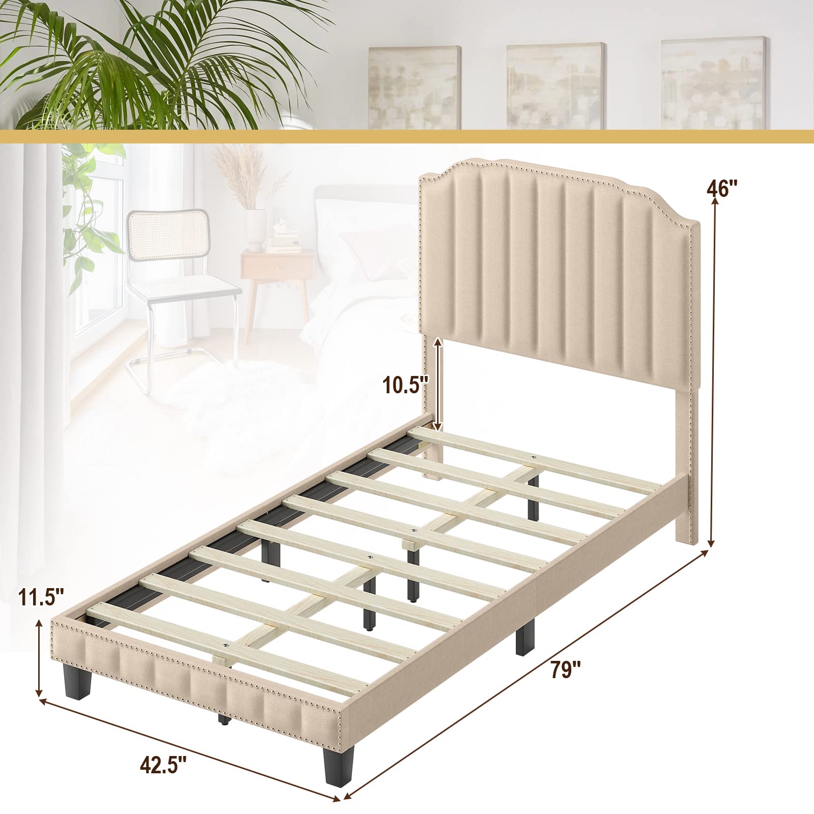 KOMFOTT Twin/Full/Queen Size Upholstered Platform Bed Frame with Headboard