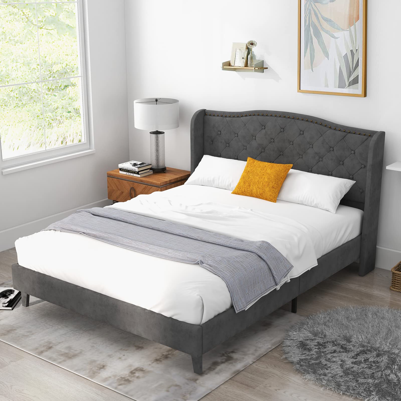 KOMFOTT Full Queen Size Velvet Upholstered Platform Bed, Modern Bed Frame with Button Tufted Headboard