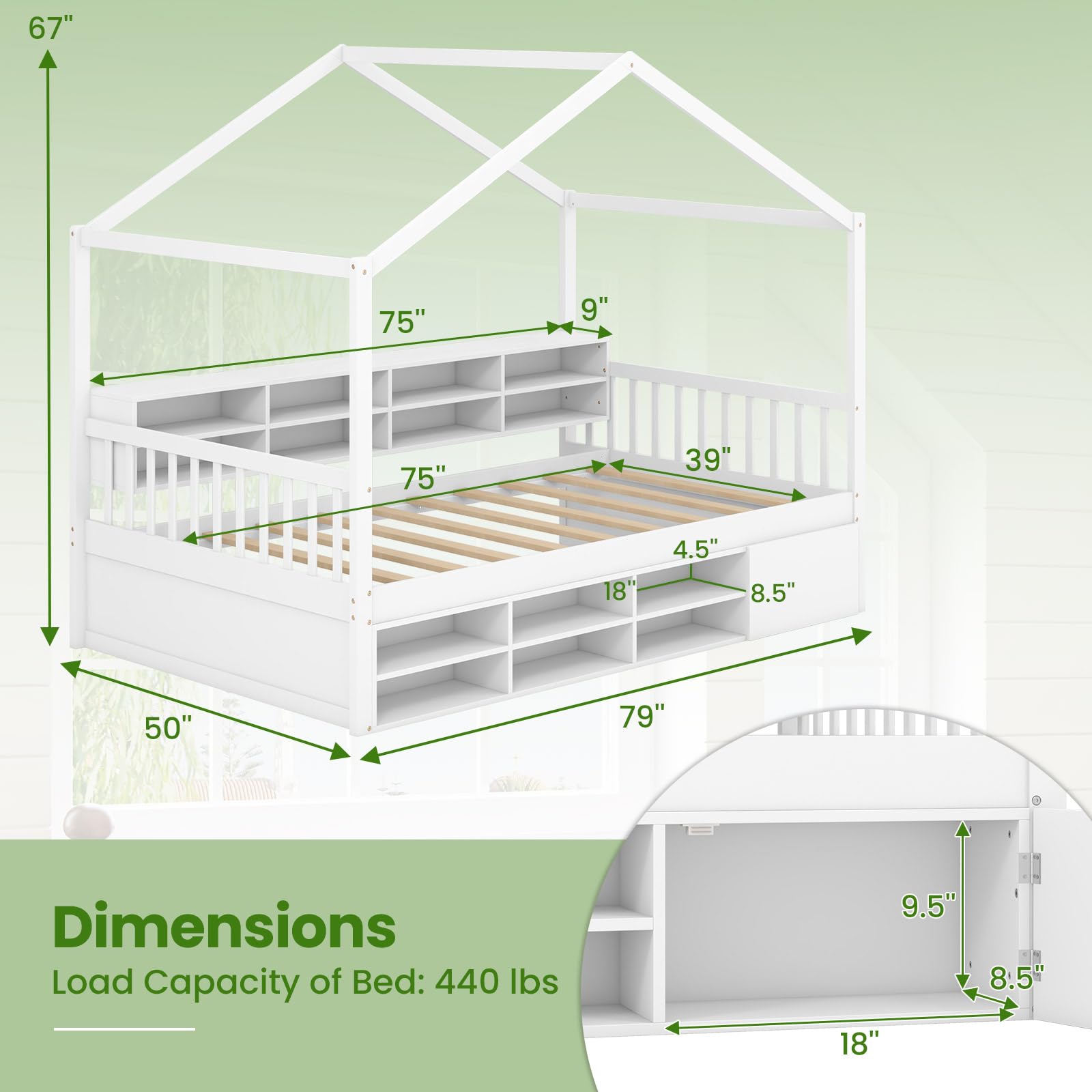 KOMFOTT Twin Size House Bed with Storage, Wooden Montessori House Bed with 14 Storage Cubes, Enclosed Cabinet, Wood Slats & Fencing