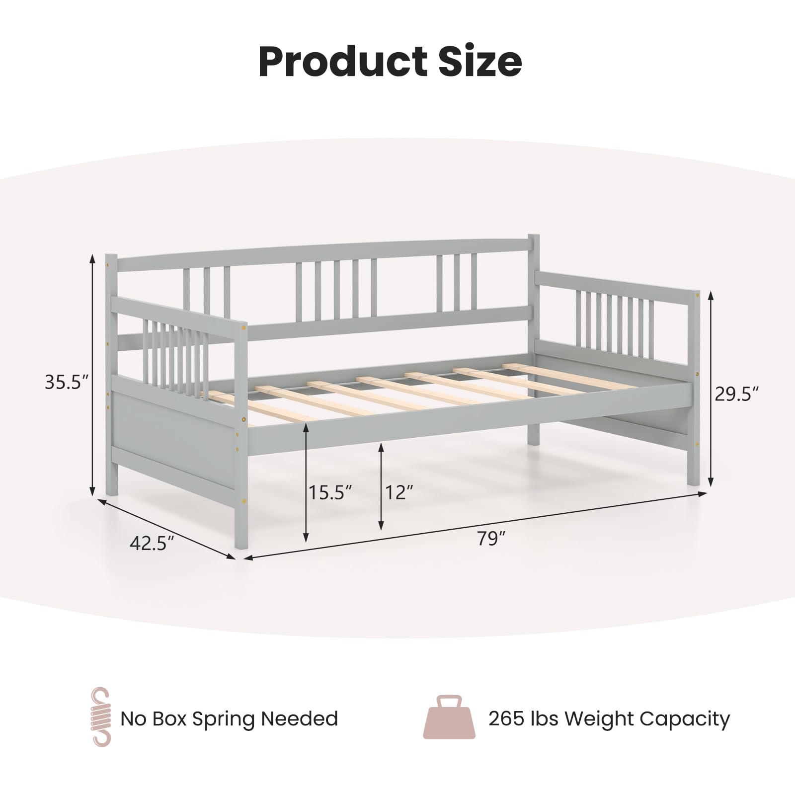 KOMFOTT Twin Size Wood Daybed with Rails & Wood Slat Support