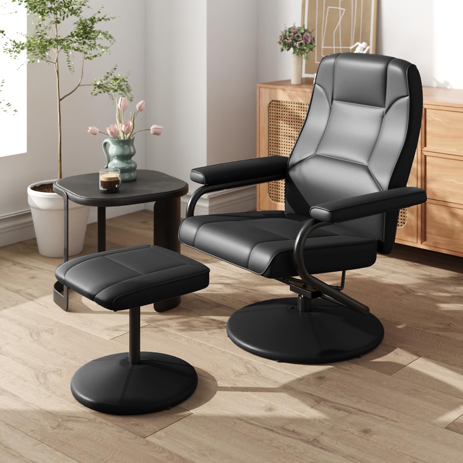 KOMFOTT Recliner Chair with Ottoman, 360° Swivel Faux Leather Reclining Chair w/Adjustable Backrest, Footrest