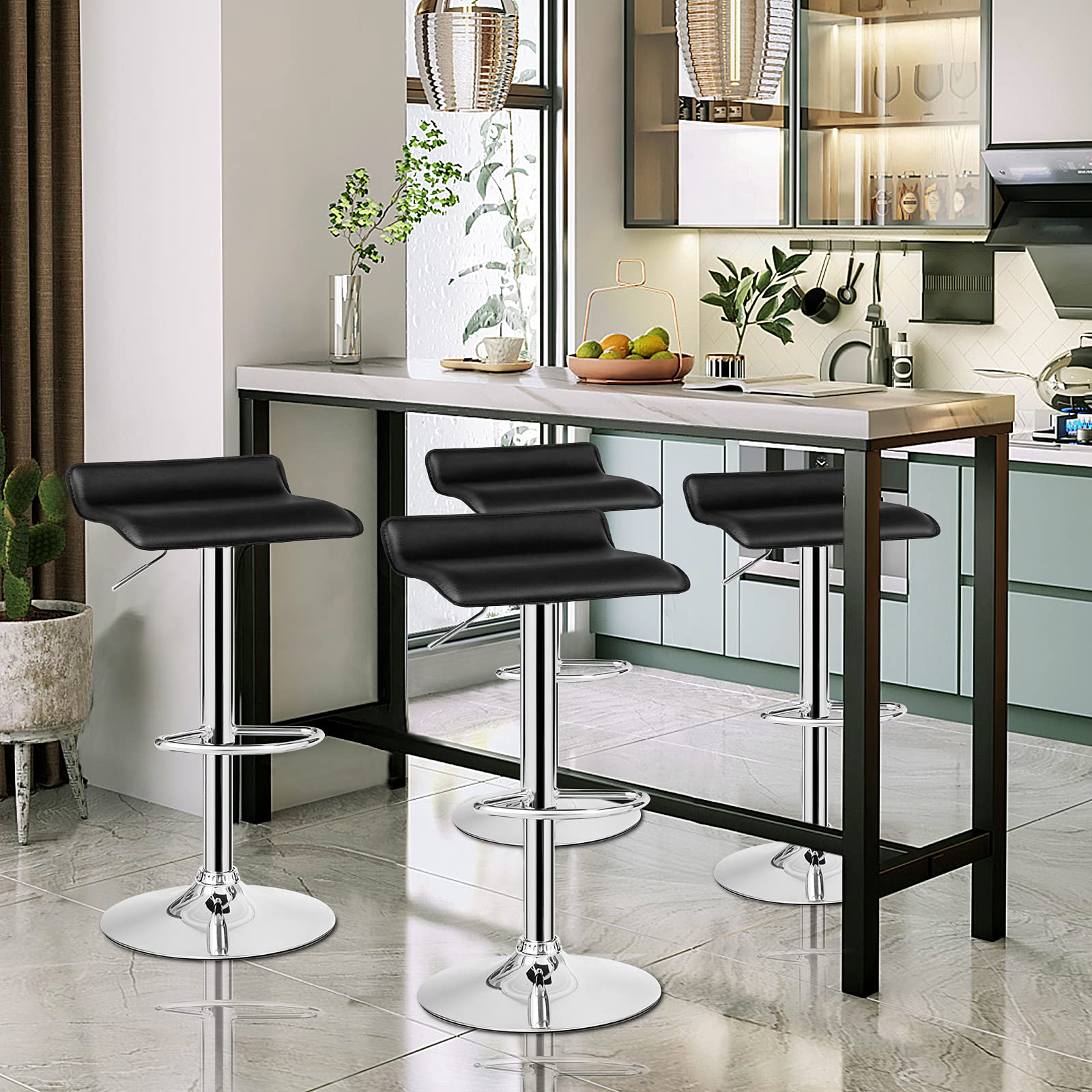 KOMFOTT Bar Stools Set of 2/4, Adjustable Swivel PU Leather Barstools w/Footrest, Chrome Base