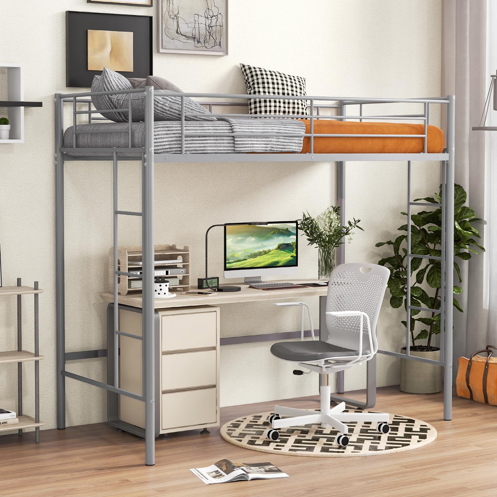 KOMFOTT Twin Size Metal Loft Bed Frame with Both Side Ladders & Safety Guardrails