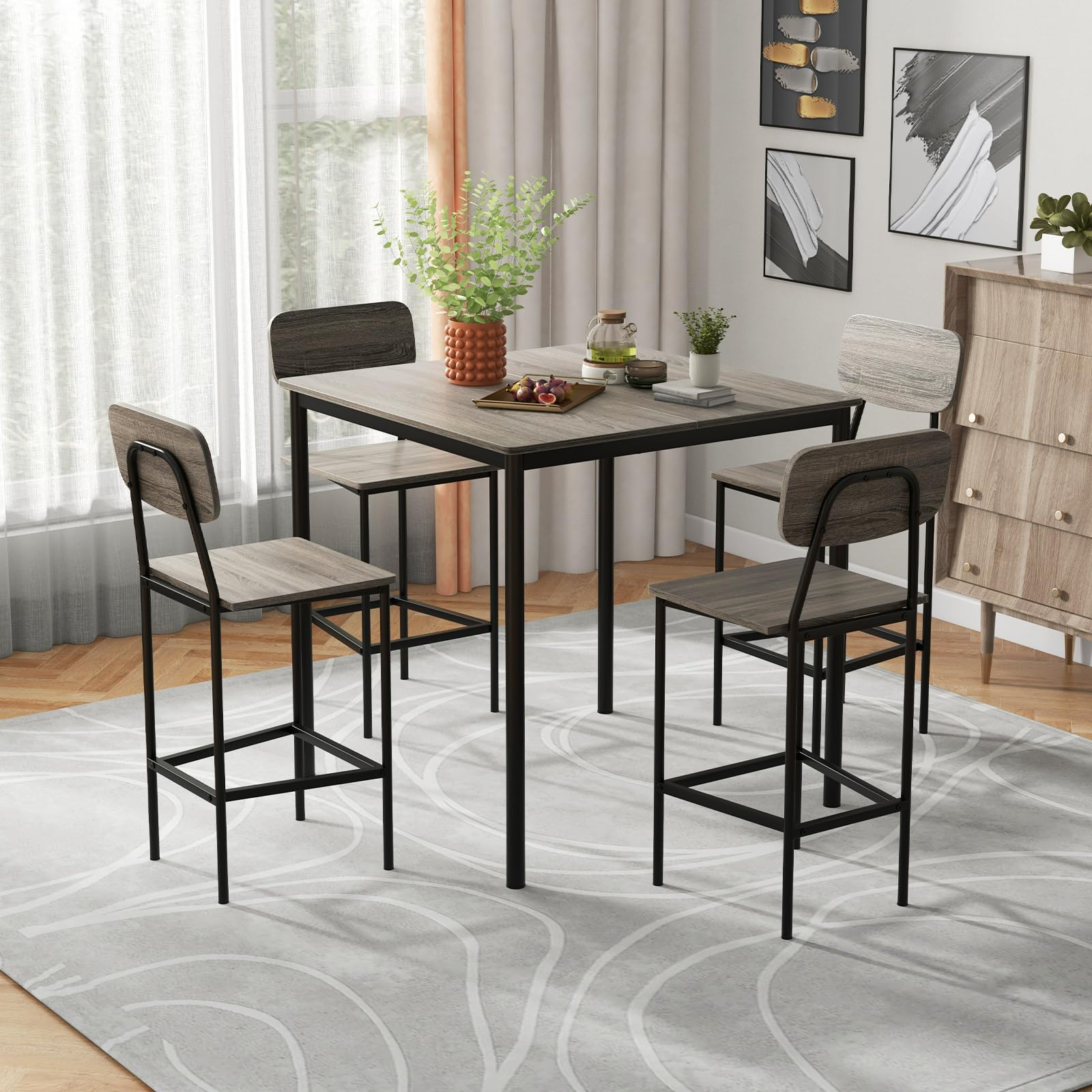 KOMFOTT 5 Piece Dining Table Set with Counter Height Table & 4 Bar Stools, Industrial Kitchen Dining Table Set  with Footrest & Backrest