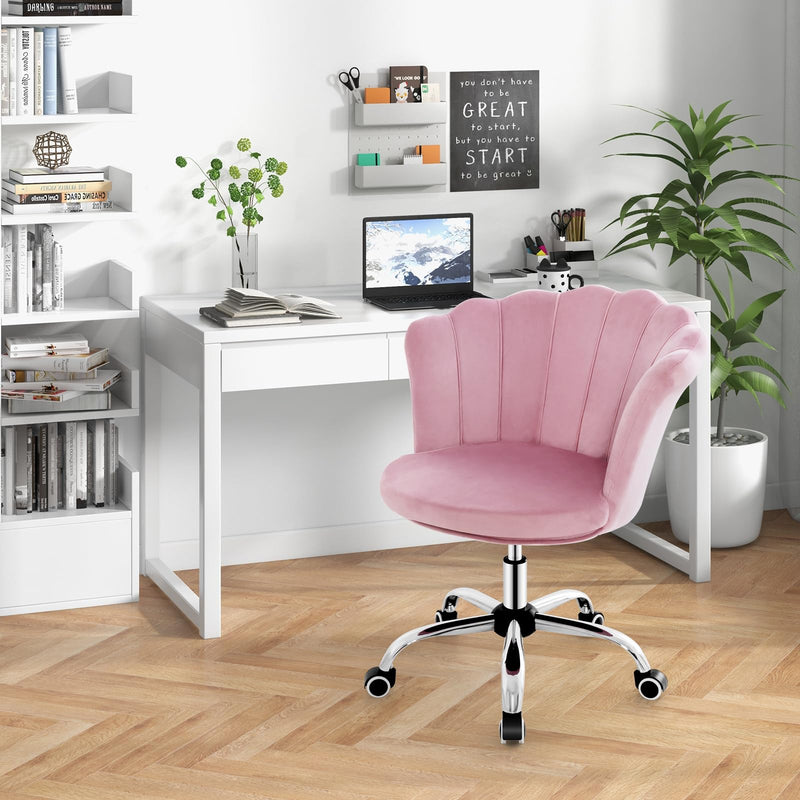 KOMFOTT Velvet Office Desk Chair Pink, Modern Vanity Chair with Seashell Back