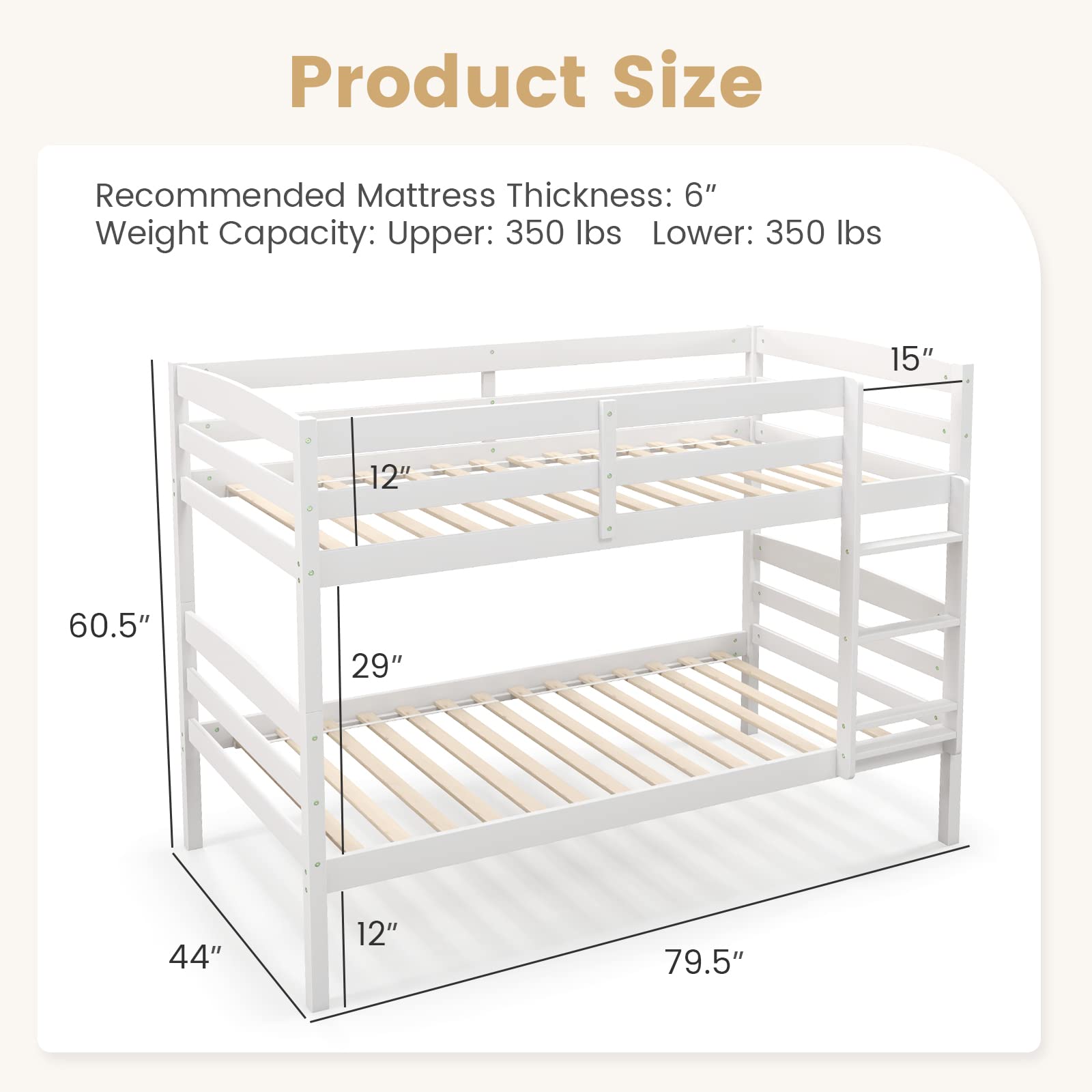 KOMFOTT Twin Over Twin Wood Bunk Bed with Full-Length Guardrail & Integrated Ladder